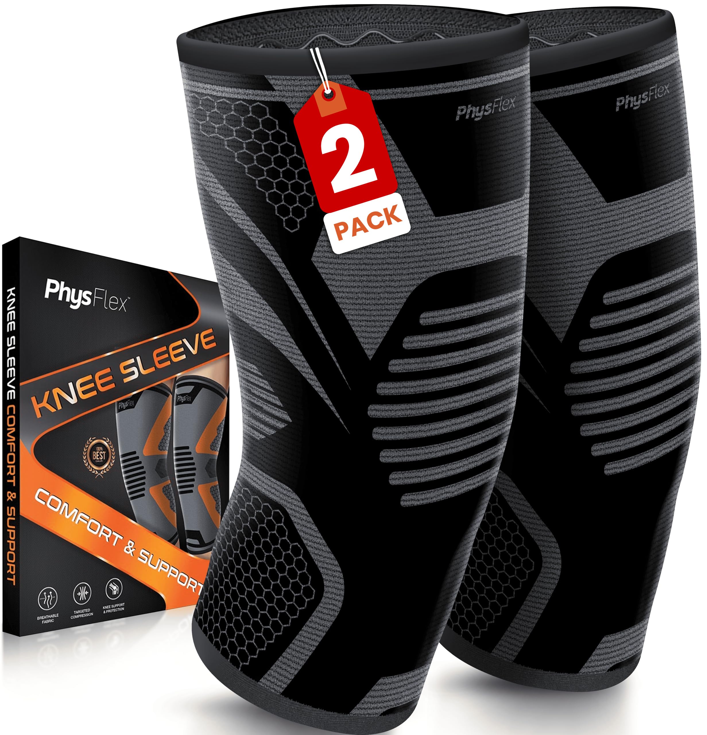 Photo 1 of PhysFlex Knee Brace for Pain Relief - Knee Compression Sleeves for Men and Women - Support for Weightlifting, Gym, Workout, Volleyball, Arthritis