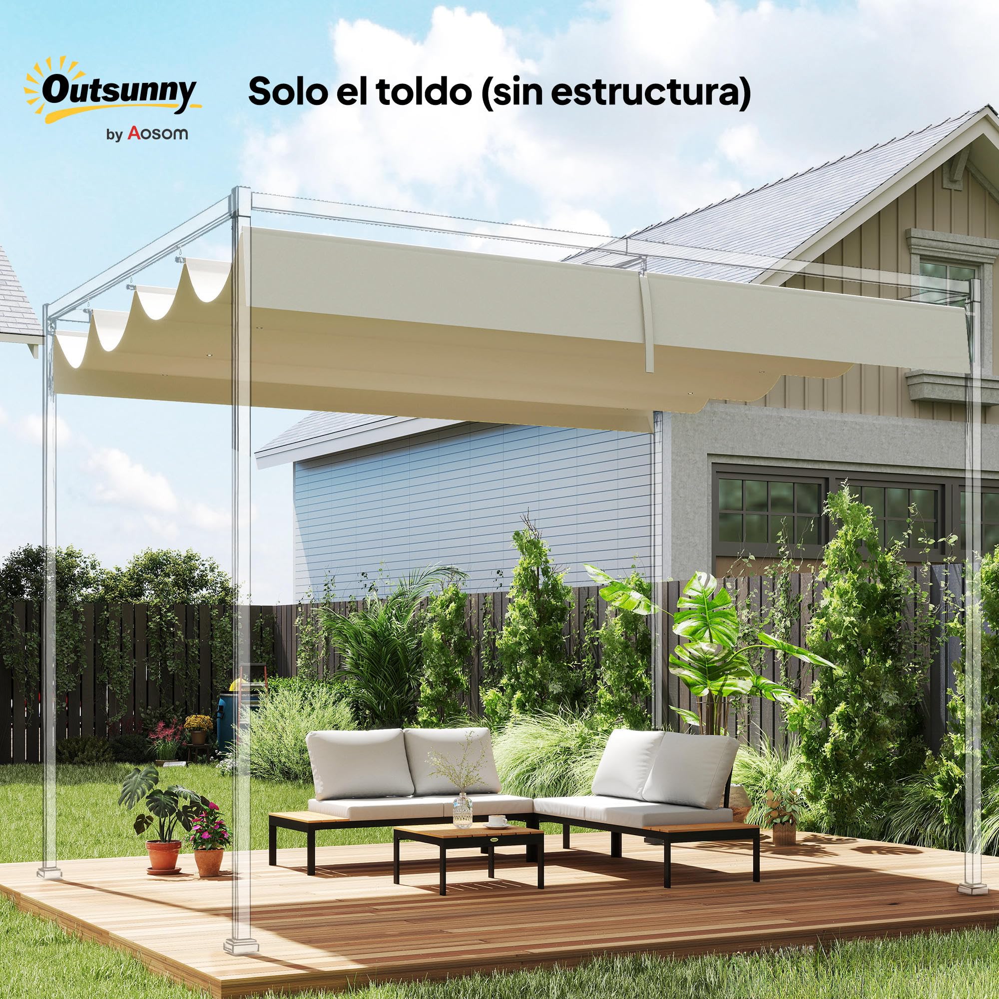 Outsunny Techo de Pérgola 4 x 3,5 m, Techo de Repuesto Retráctil para Marco de Pérgola de 4x3 m, UV30+, Toldo de Tela Solo para Cenador Jardín con 8 Orificios de Drenaje, Blanco Crema - 2
