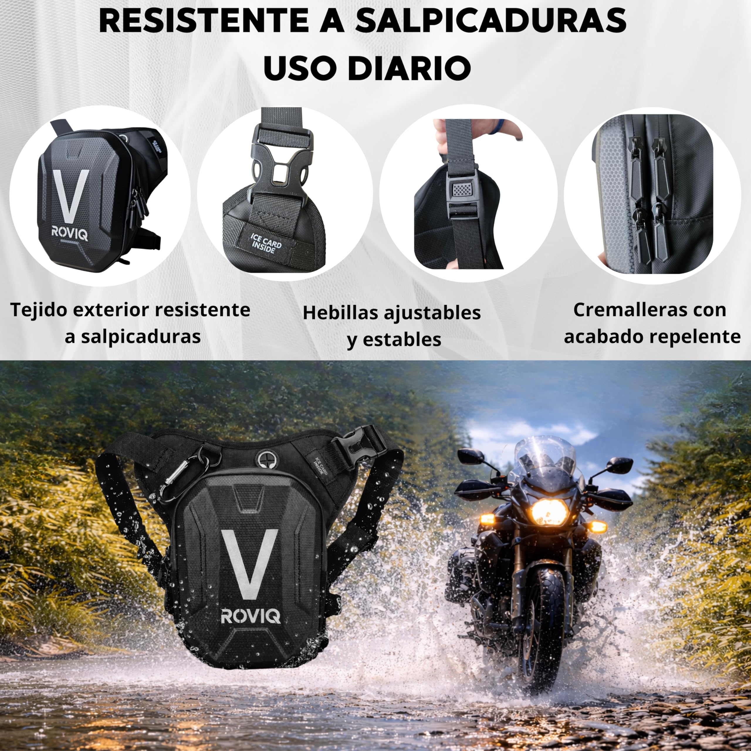 ROVIQ Pernera Moto Unisex, Bolsa Pierna Moto expandible 10-16 cm con 2 Compartimentos, Frontal EVA/PU semirrígido, Bolsillo Ice Card, 2 Ice Cards y mosquetón - Accesorios Moto — view 5