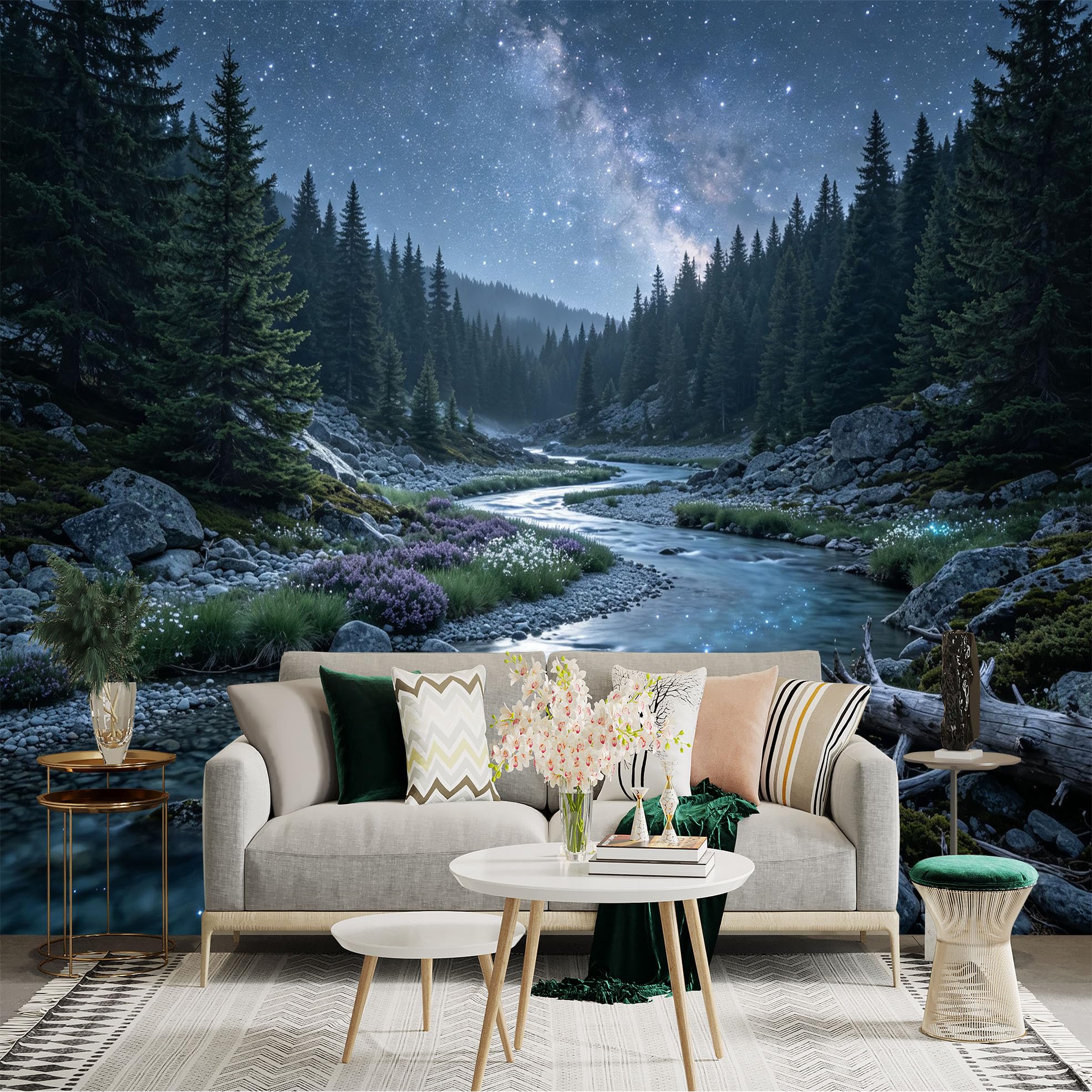 Lnzczhyre Bh260719696 Custom Size Wall Sticker Mural， Milky Way Over Mountain Stream， Lush Coniferous Forest， Rocky Riverbank With Wildflowers， For Wall Decoration， Peelandstick Wall Decals.