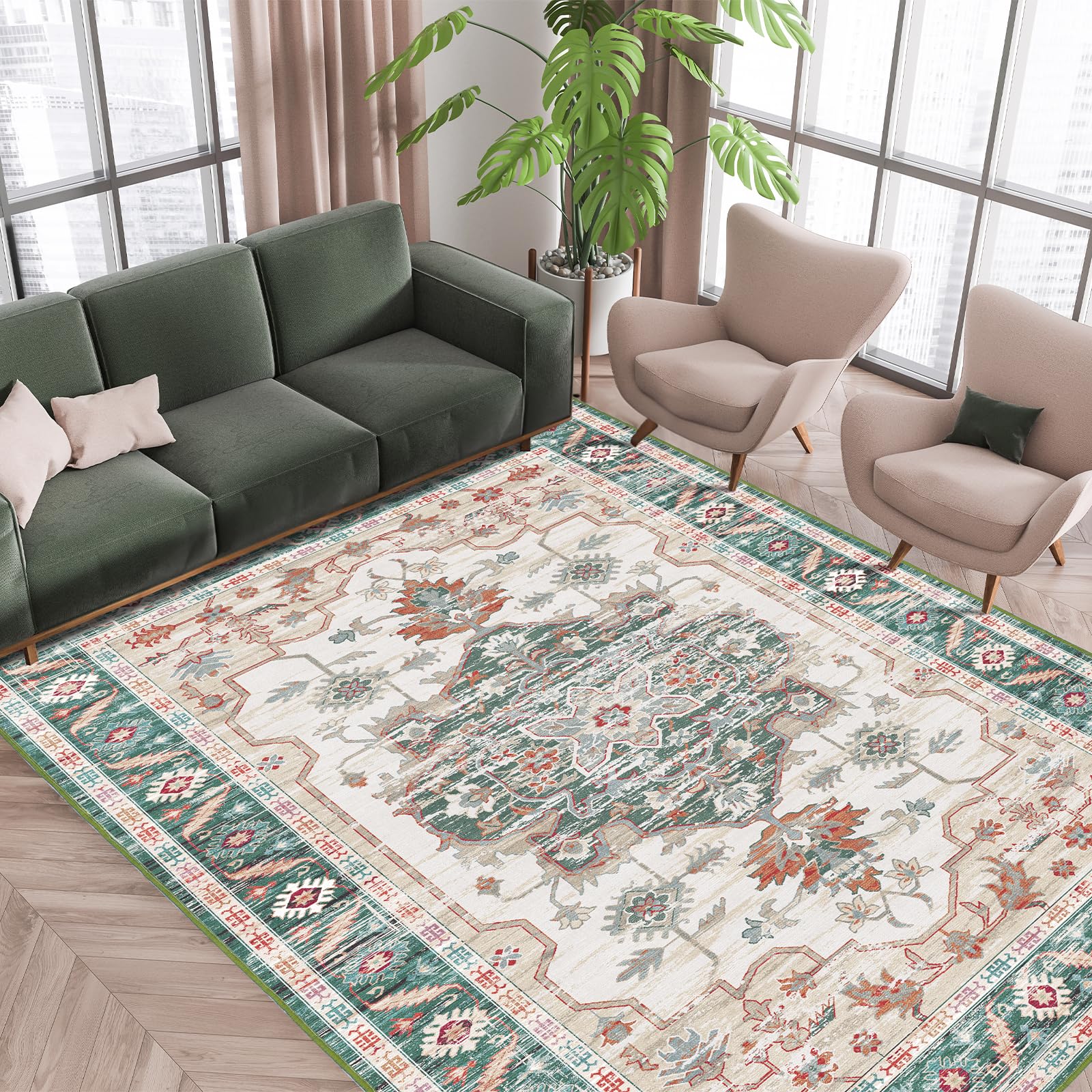 Vamcheer Alfombra de área Vintage-Alfombra de Salón Imitación Cachemira de Antideslizantes y Lavable,Alfombras Decorativas para Habitación,Comedor,Pasillo,Verde Retro 160x230 cm