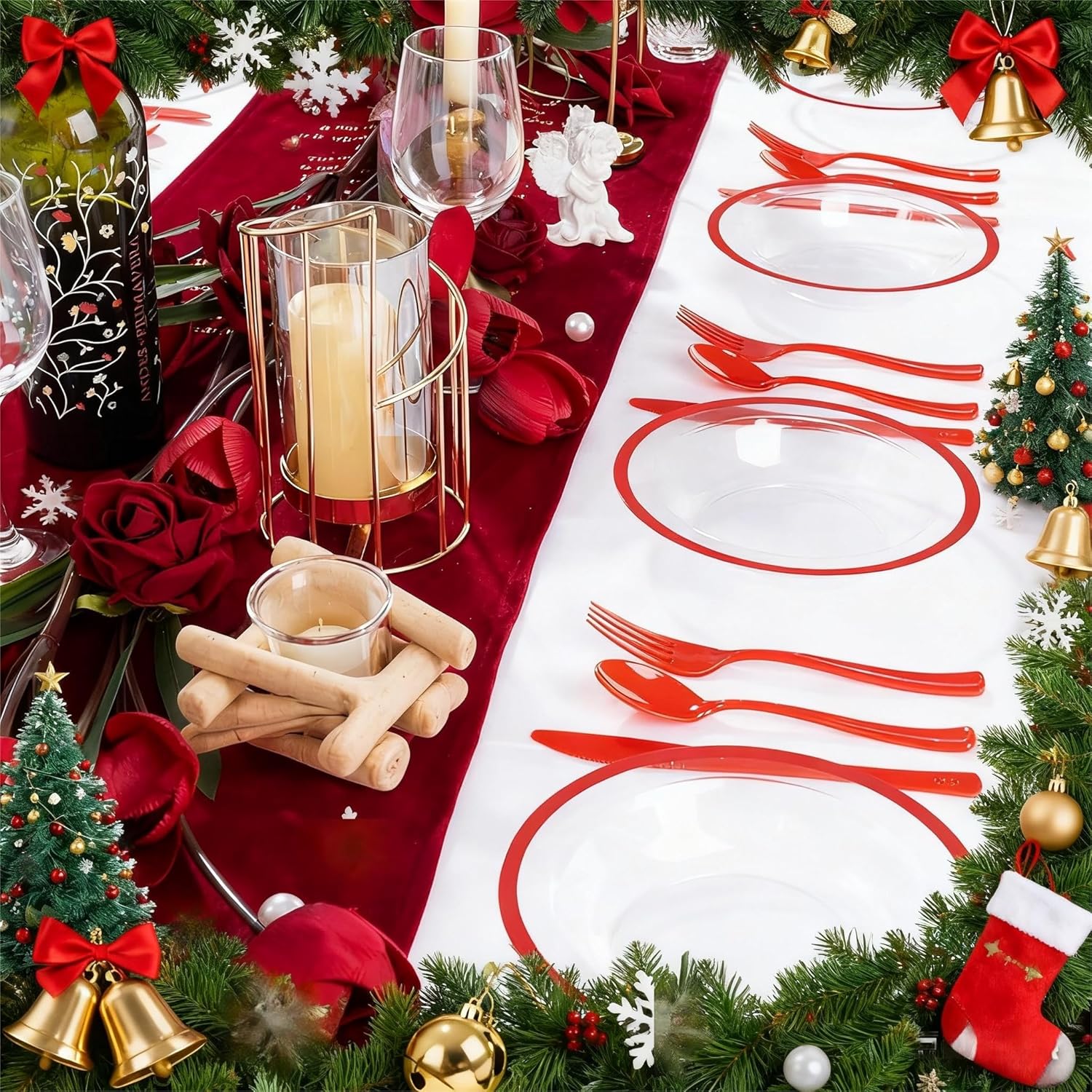 Liacere 60Pcs Red Plastic Bowls - Disposable Clear and Red Dessert Bowls - 12OZ Premium Plastic Soup Bowls for Wedding &Party