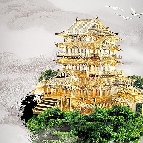 Vista 2 de Piececool - Rompecabezas de metal 3D para adultos, juego de modelo metálico del Pabellón Tengwang, construcción arquitectónica famosa china