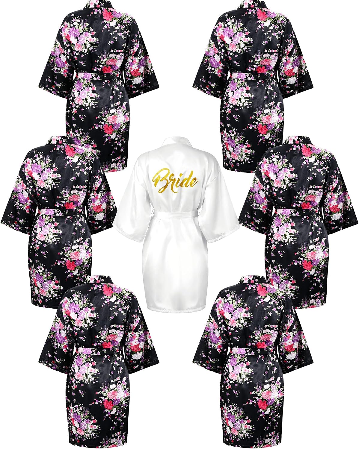 Jecery 7 Pcs Floral Bride Bridesmaid Robes Short Satin Kimono Robe Glitters for Women Wedding Bridal Party
