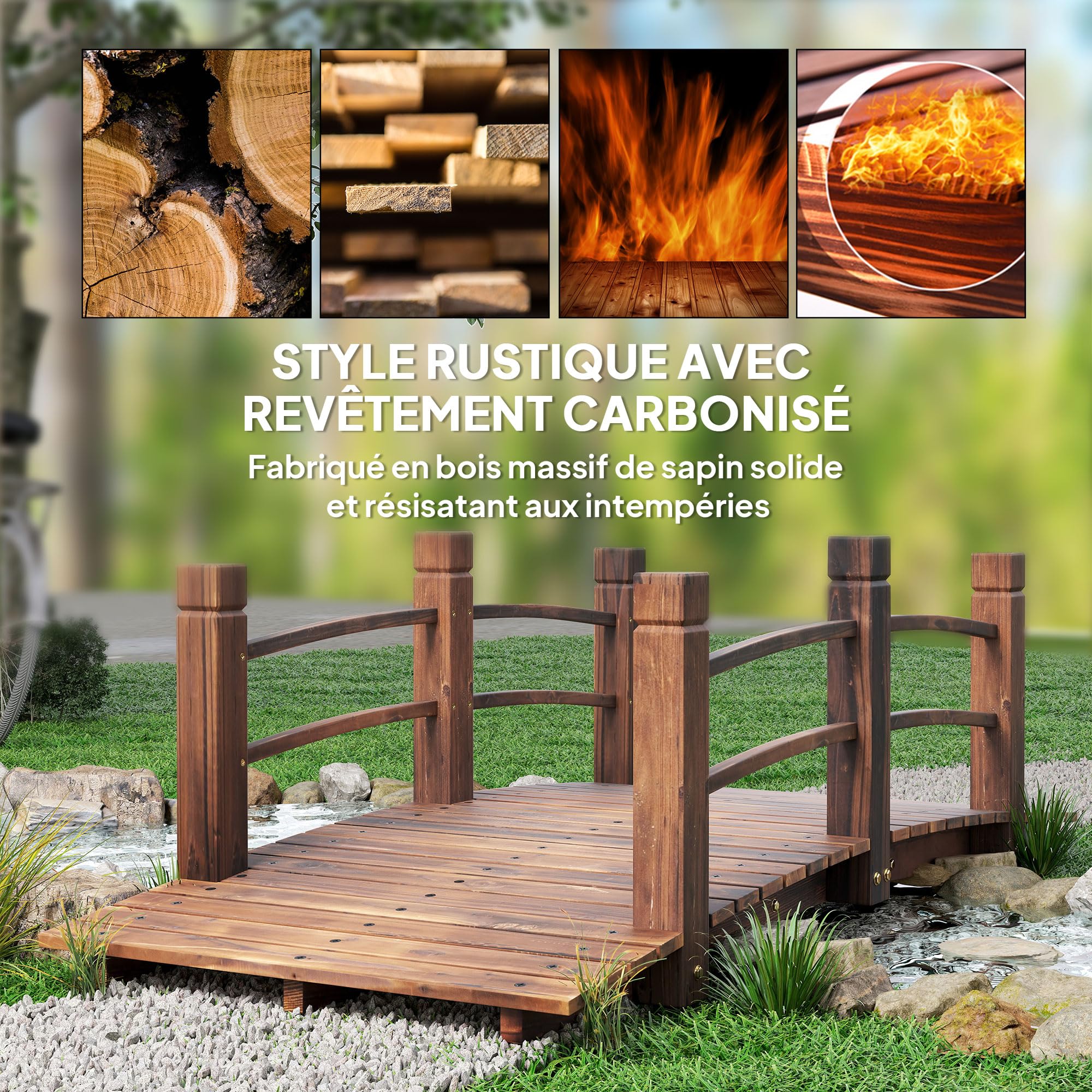 Outsunny Pont de Jardin - Pont de Bassin - passerelle en Bois - Décoration du Jardin dim. 152,5L x 67l x 48H cm - Bois de Sapin traité carbonisation