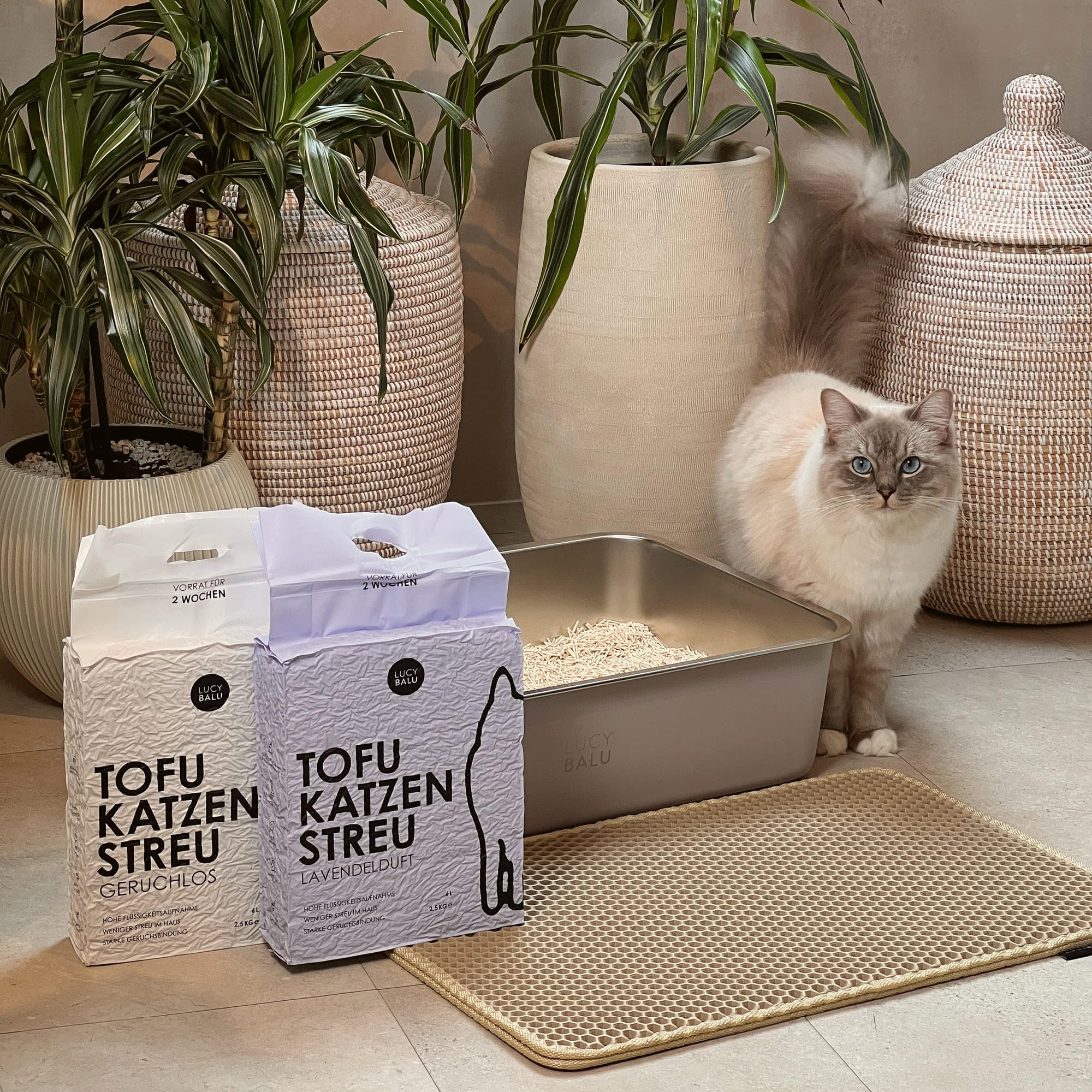 LucyBalu® TOFU żwirek dla kotów, grudek i żwirek dla kotów, wiążący zapach i zrównoważony, zestaw 8 sztuk, 48 litrów, lawendowy