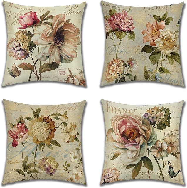 JOTOM Cushion Covers Set of 4 Flowers Square Pillow Cover Throw Pillow Case Home Decor Pillowcases Floral Cushion Cover for Sofa Chair Couch Bedroom Garden Outdoor Decorative 45x45cm (Flowers)