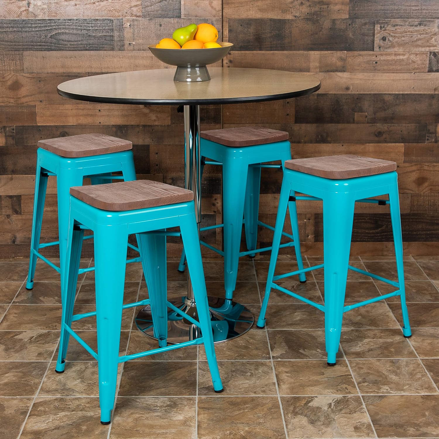 BizChair 24" High Metal Counter-Height, Indoor Bar Stool with Wood Seat in Teal - Stackable Set of 4