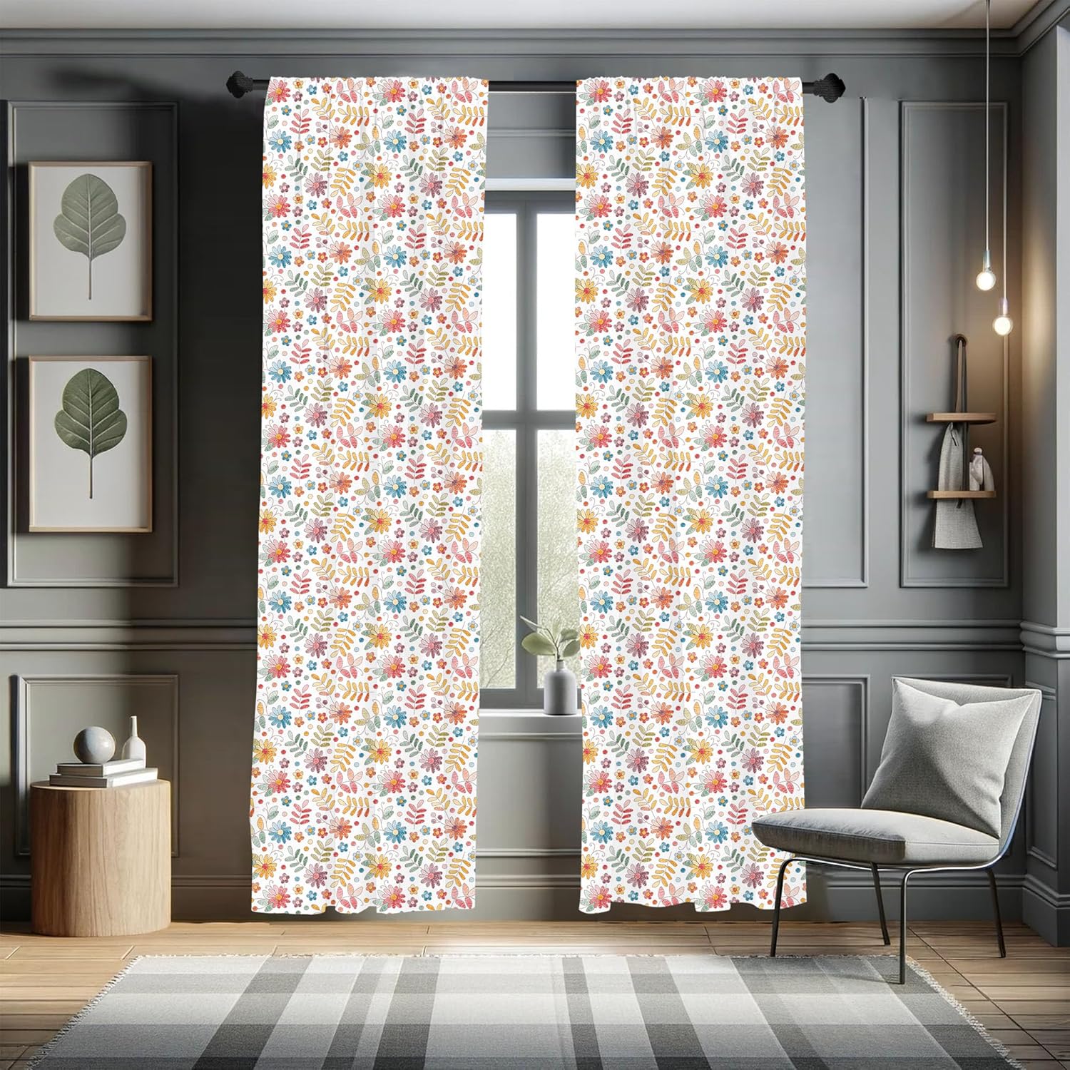 Lunarable Floral Window Curtains, Continuous Pattern of Colorful Hatched Painted Flowers and Leaves Spring Art, Lightweight Decor 2-Panel Set with Rod Pocket, Pair of - 28" x 84", Blue Red