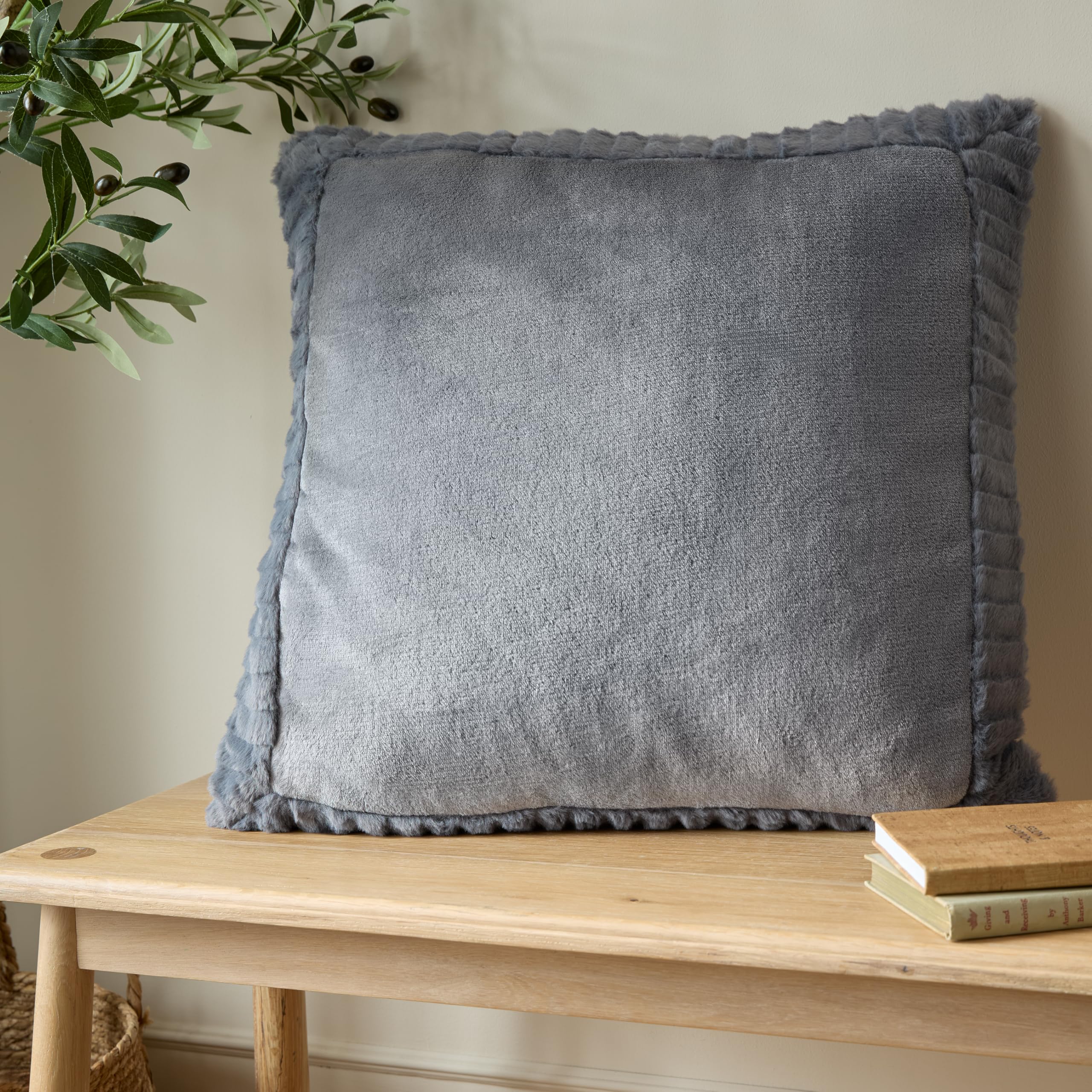 Catherine Lansfield Velvet And Faux Fur Filled Cushion 55x55cm Charcoal