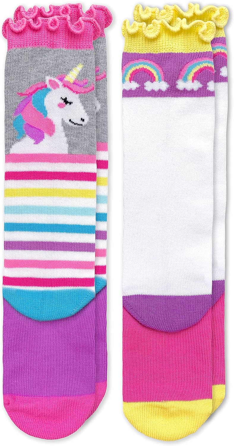 Jefferies Socks girls Unicorn Rainbow Stripe Ruffle Knee High Socks 2 Pack - Image 3