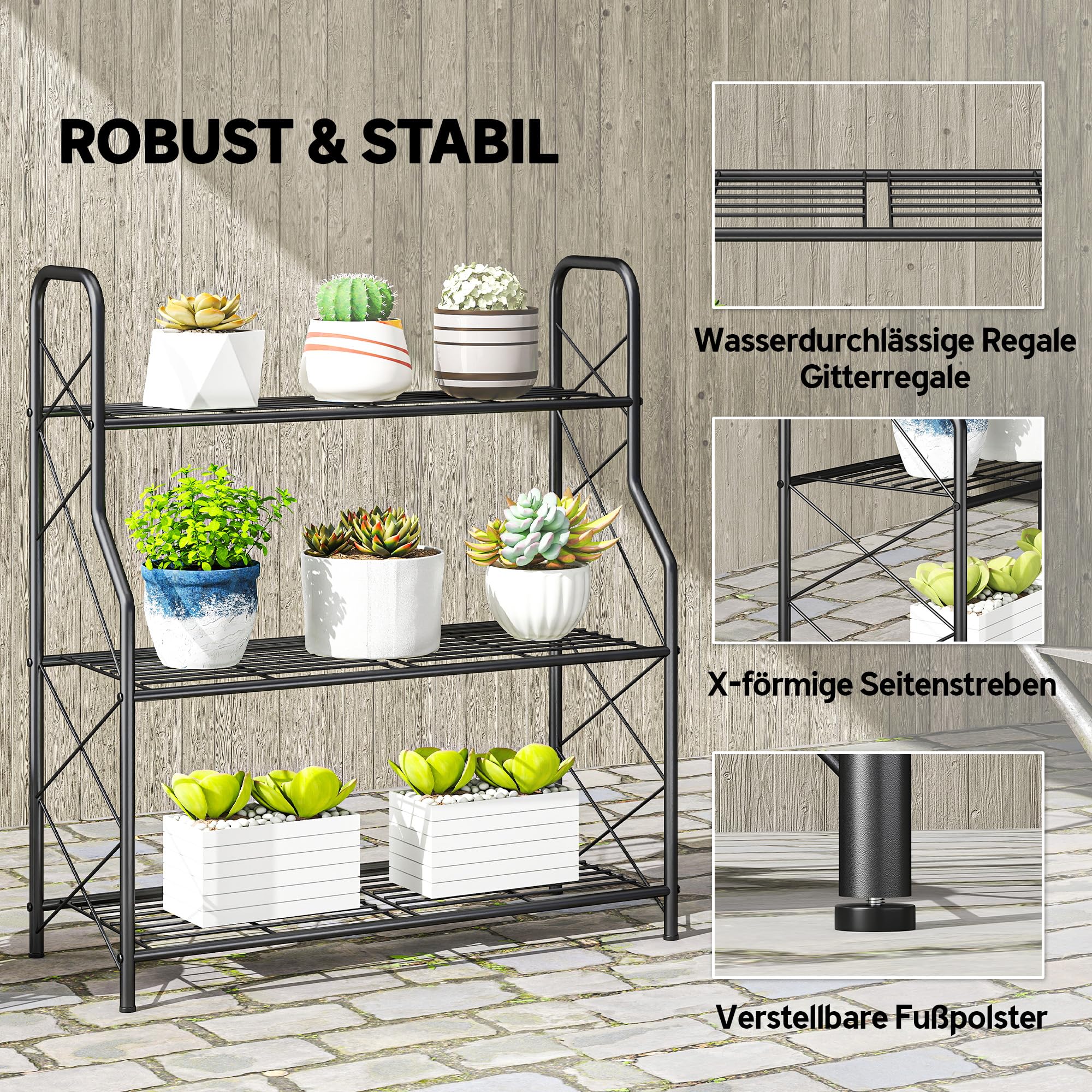 Outsunny 3-Etagen Pflanzenständer, 78 cm hoher Blumenständer, Schwarz
