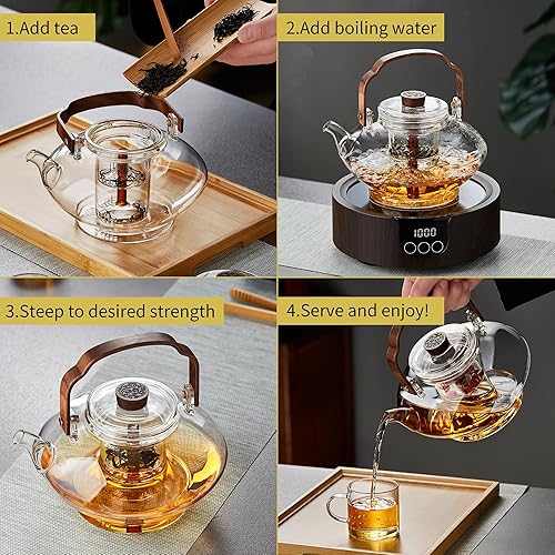 Miniatura 3 de Tetera de vidrio con 2 infusores para estufa, vidrio de borosilicato grueso resistente al calor, 46 onzas líquidas, tetera de vidrio para té de