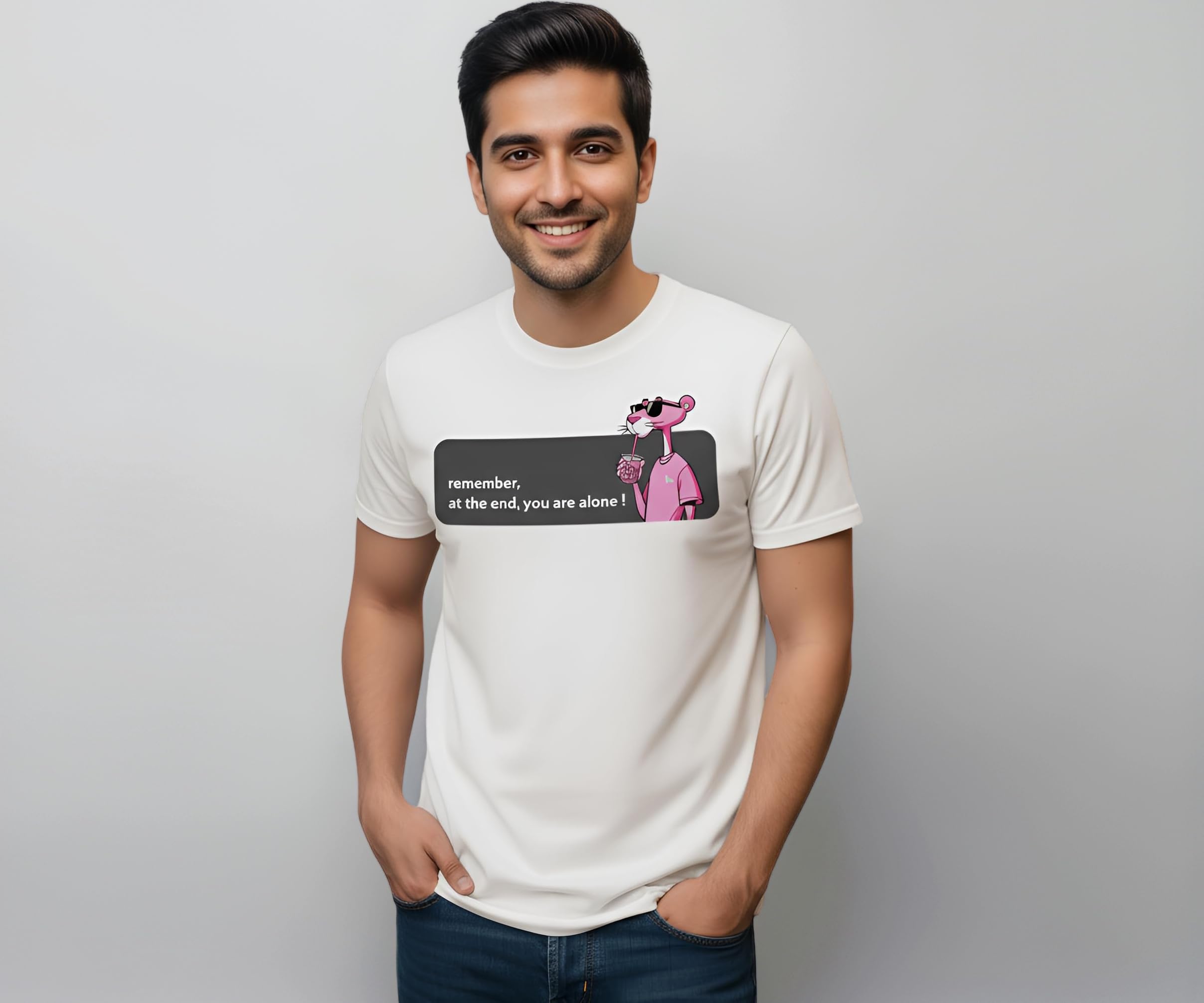 Graphic T-Shirt for Men, Cartoon Print Design, White, Cotton Casual Wear