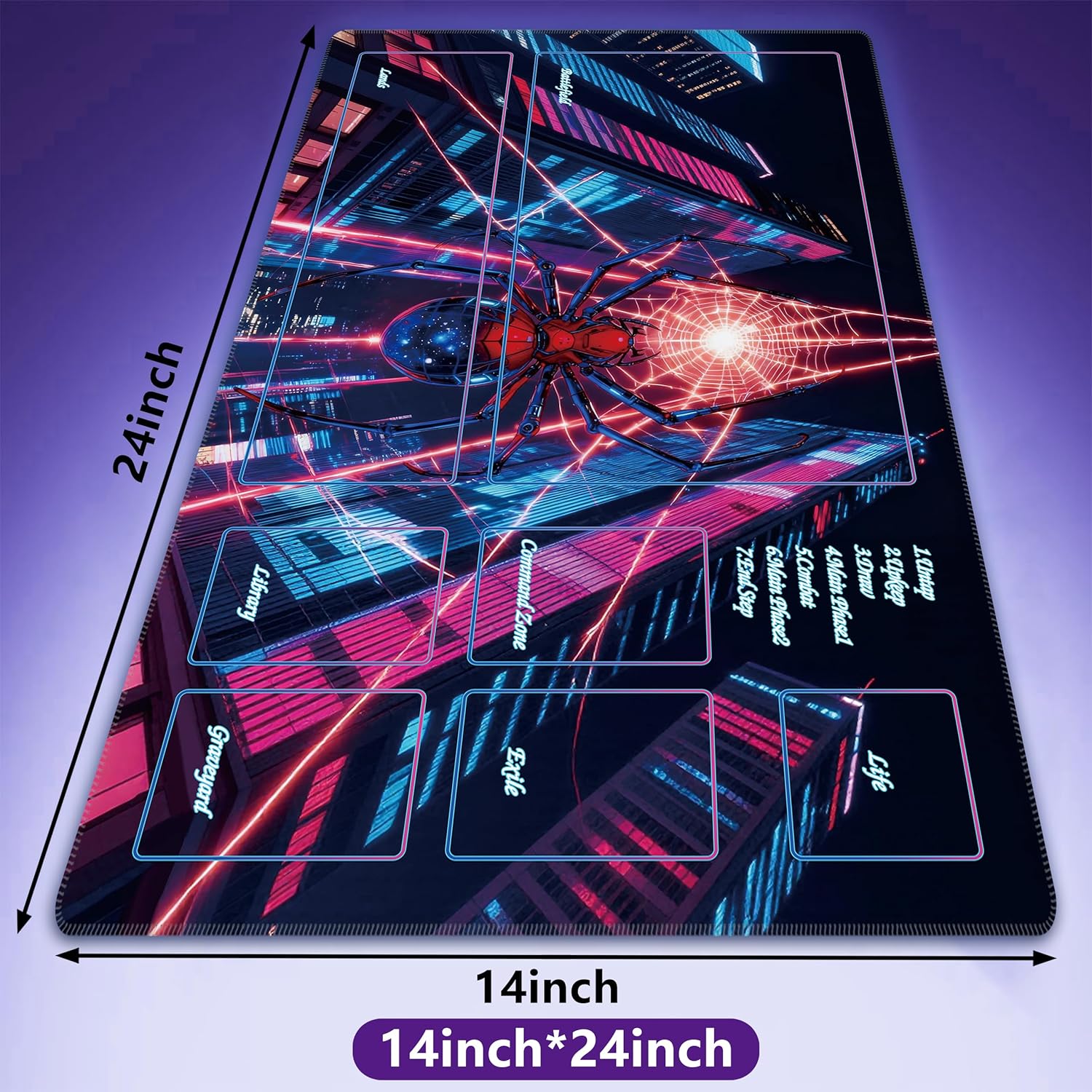 Premium TCG Playmat - 24x14 Professional Rubber Battle Mat for MTG Card Games - Includes Triangular Storage Tube, 12 Counter Dice & 2 Special 20-Sided Dice (Spider 02, FIN Series)