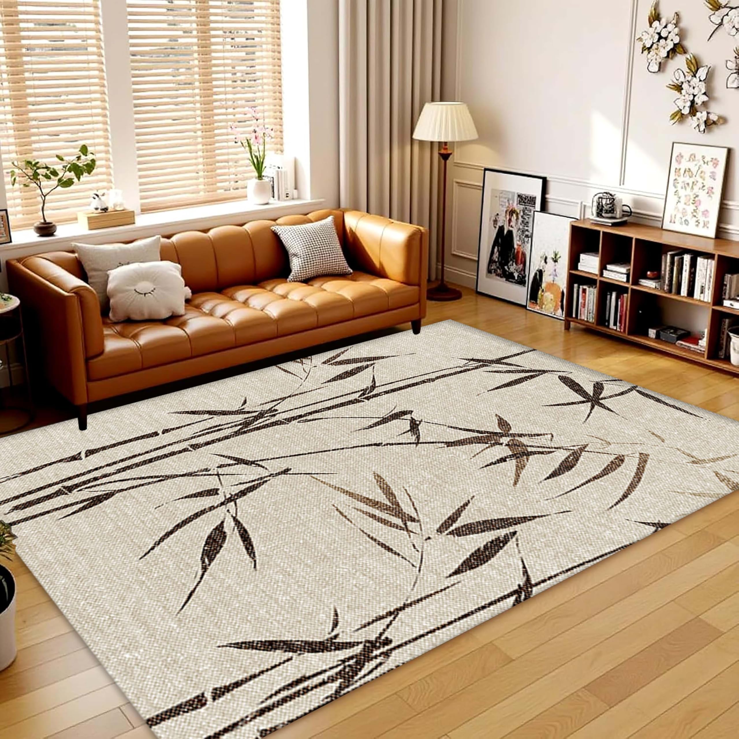 Oriental Aesthetic Rug 5x7ft, Watercolor Dark Green Bamboo Leaf Vintage Traditional Collection Rug, Minimalist Neutral Decor Non Slip Durable Indoor