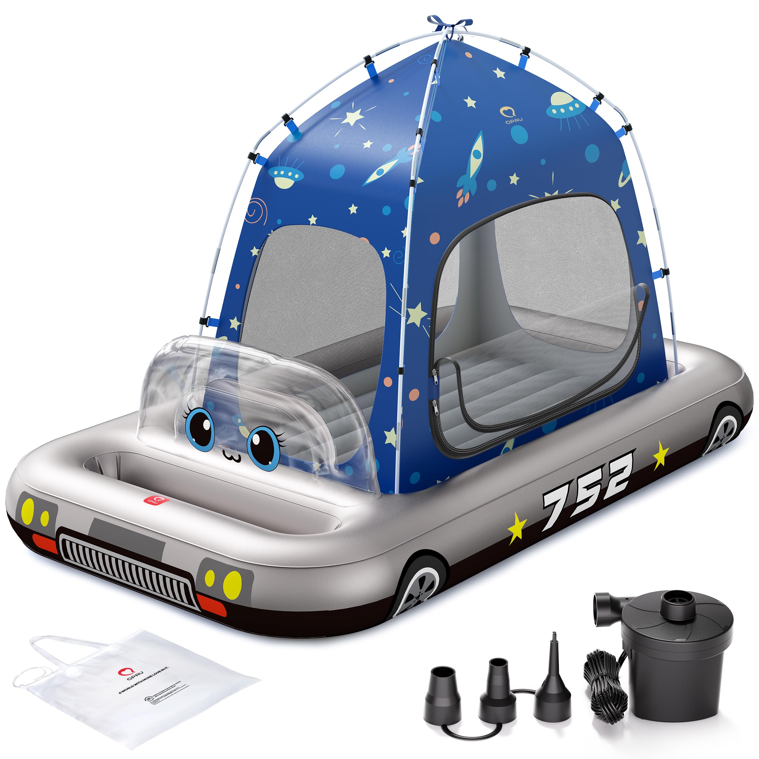 QPAU Spaceship Inflatable Kids Air Mattress with Tent, Portable Blow Up Mattress for Home, Family Visits and Camping, Electric Pump Included, Ages 3+