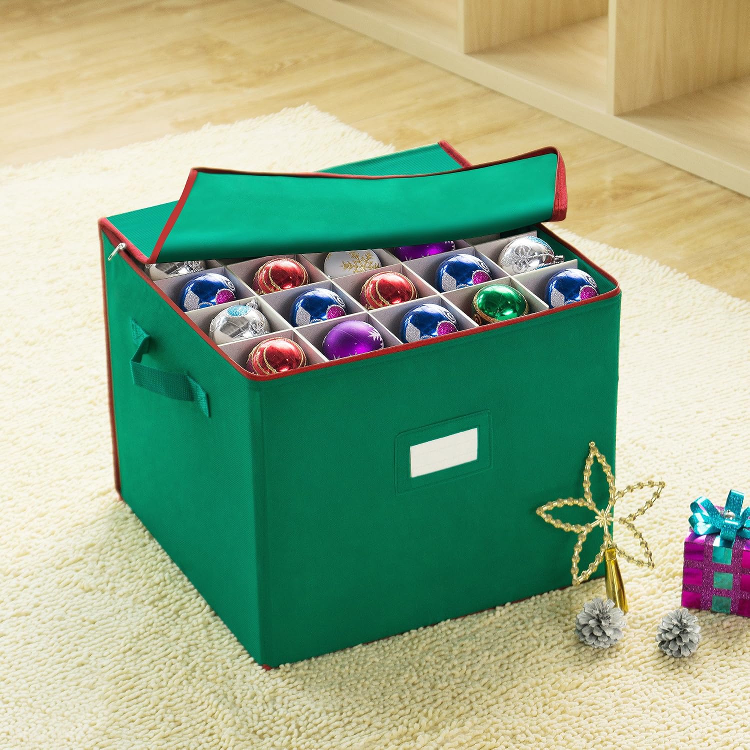 Tiny Tim Totes Christmas Storage Box with Zip Top, Large Ornaments storage box, holds up to 75 ornaments, Green