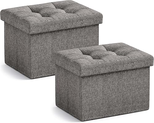 Miniatura 15 de Ornavo Home Otomana de almacenamiento pequeña, juego de 2, plegable, rectangular, de lino, otomano, reposapiés, para sala de estar, dormitorio, Azul