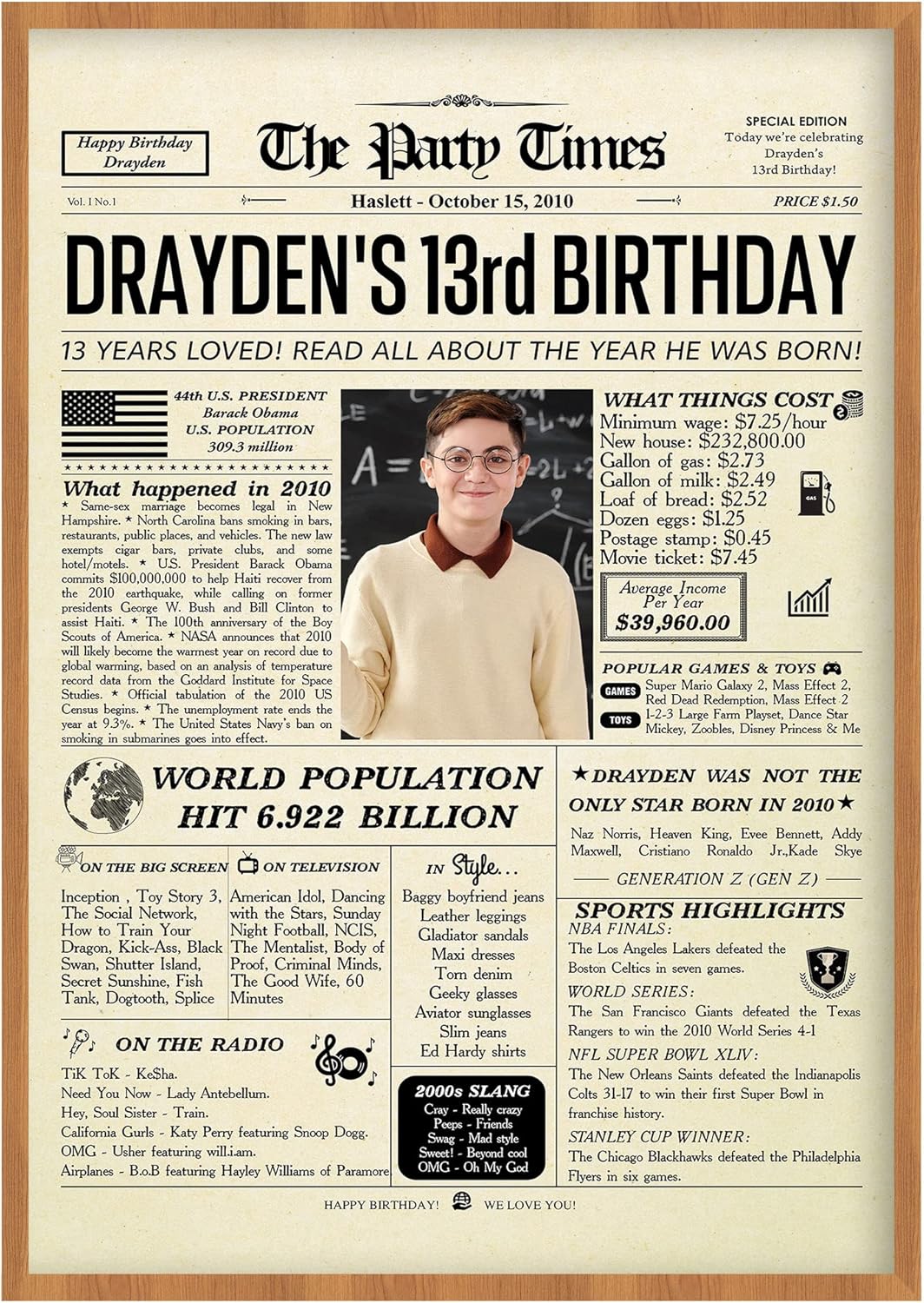 Personalized 13th Birthday Decorations Him, Her, Boy, Girl, Son, Daughter, Back to Newspaper Poster Gifts from Father, Mother - Turning 13 Years Old with Your Personalized Photo, Unique Gift Idea