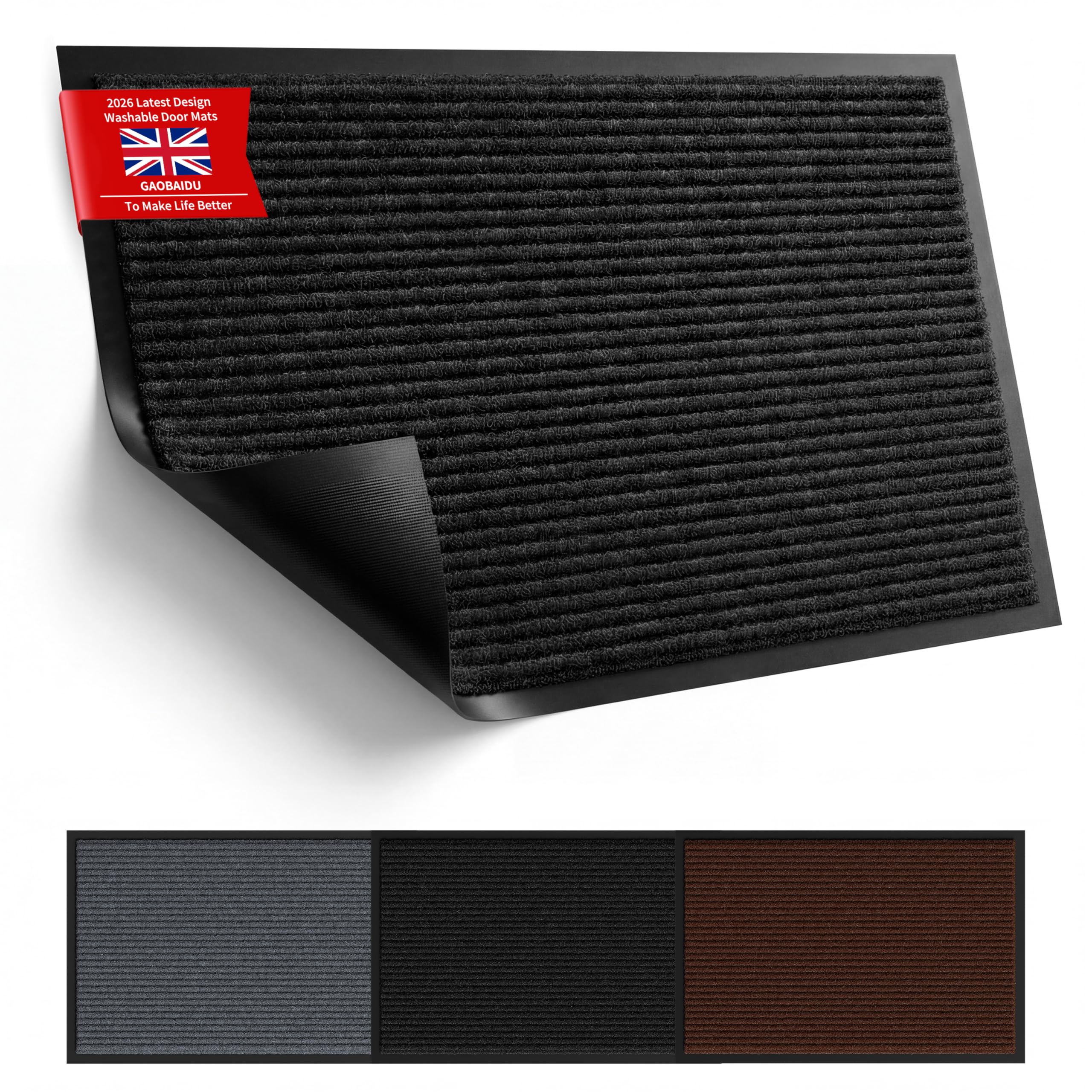 gaobaidu Washable Door Mats Indoor & Outdoor,Absorbent, Non-Slip,Rubber Backed Dust & Dirt Trapping Doormat, Barrier Mat & Entrance Rugs (BLACK, 90x150cm)