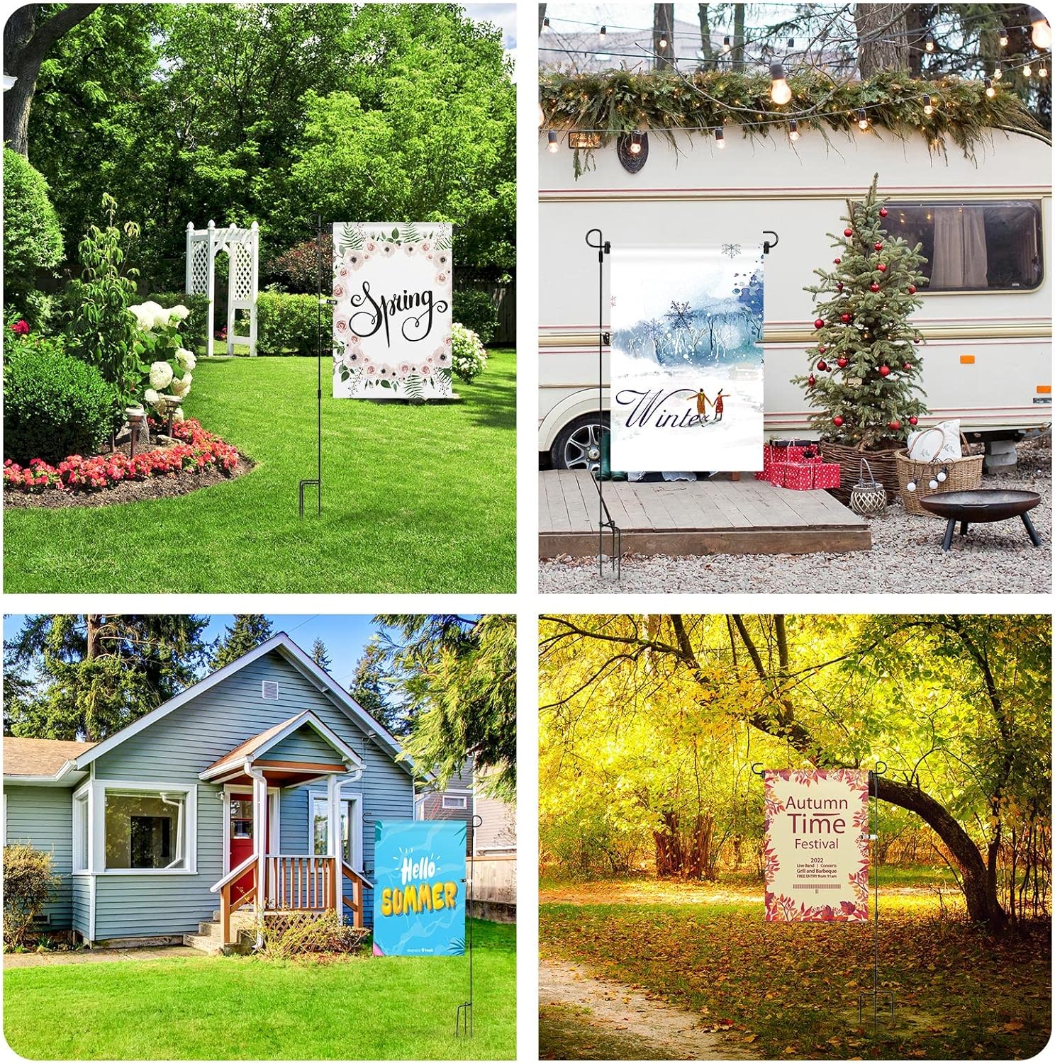 Chumia 10 Pack Garden Flag Holder Stand 15 Inch Garden Flag Pole Holder Powder Coated, Metal Three Prongs with Clip and Spring Stoppers for Outdoor Home Lawn Decoration