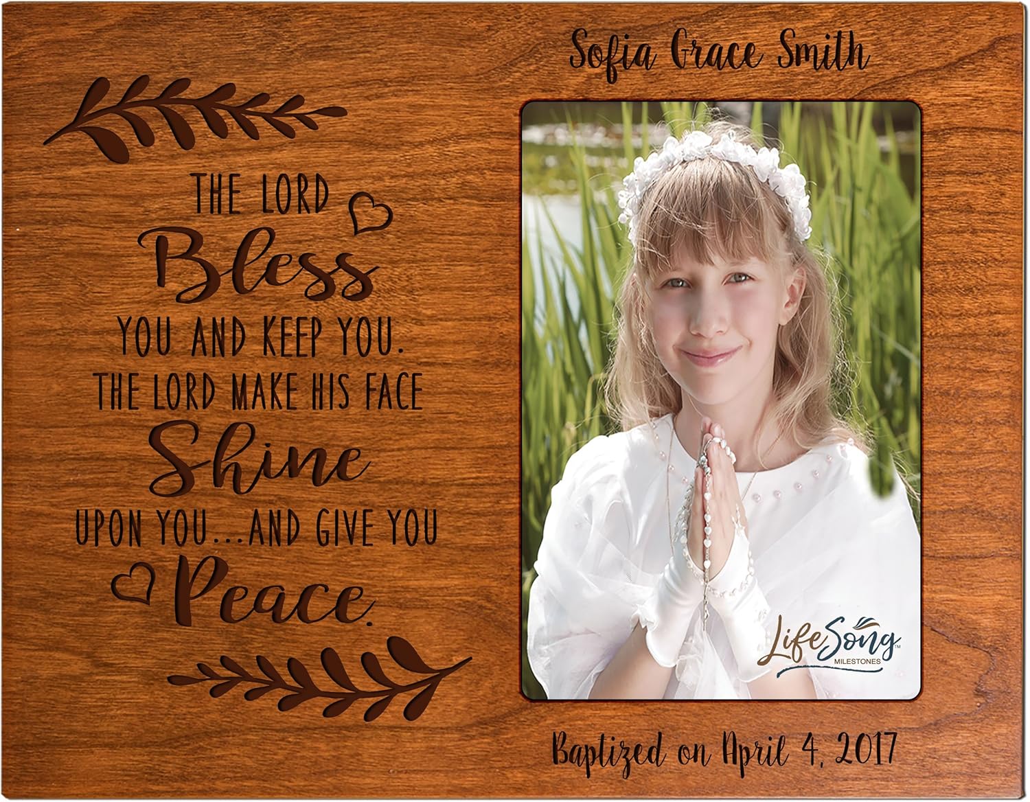 LifeSong Milestones Personalized Gift for Baptism First Holy Communion Confirmation Photo Frame The Lord Bless You and Keep You. Maple Picture Frame Holds 4x6 Photo (Ivory)