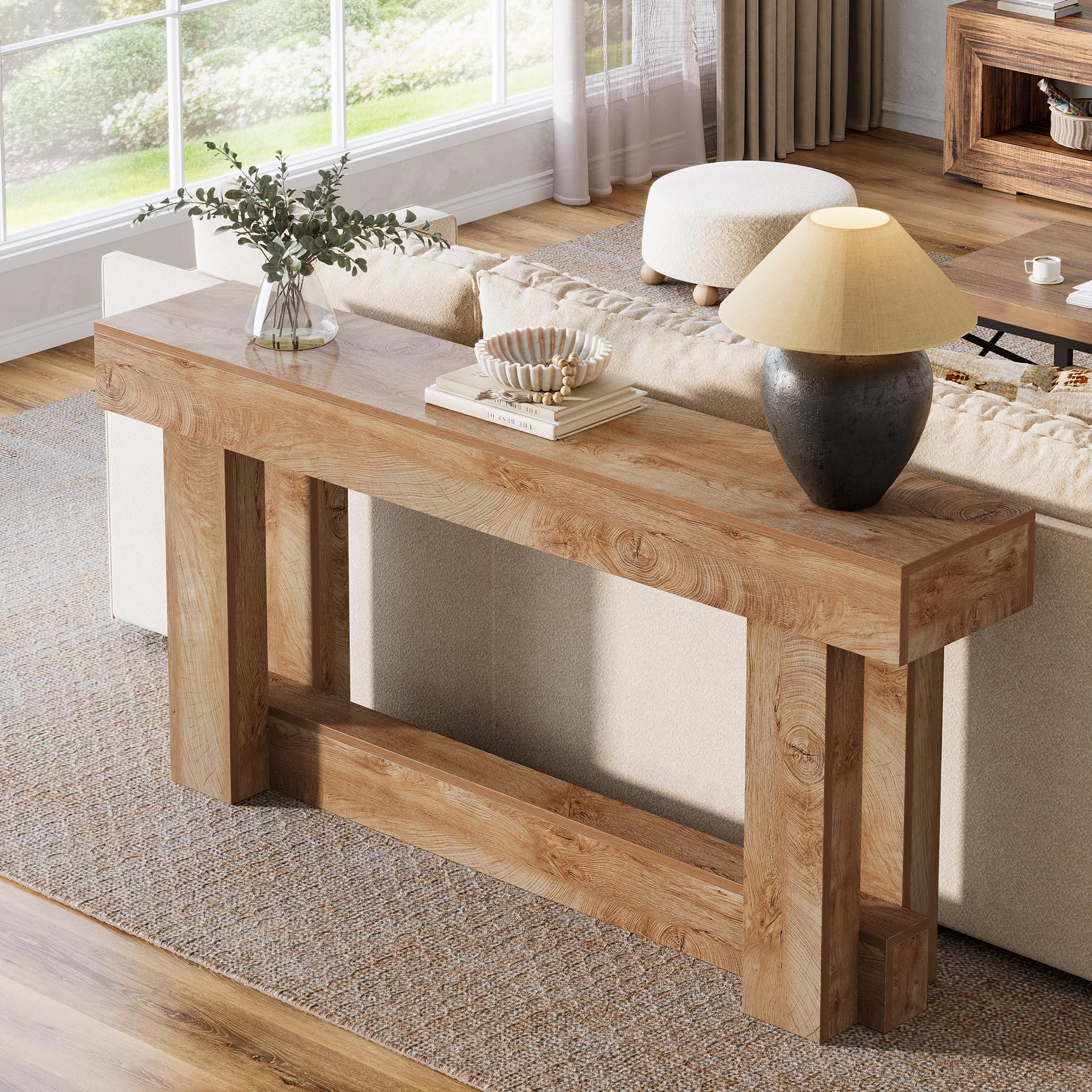 Consoletafel van 160 cm lang, rechthoekige houten salontafel achter de bank, boerderij