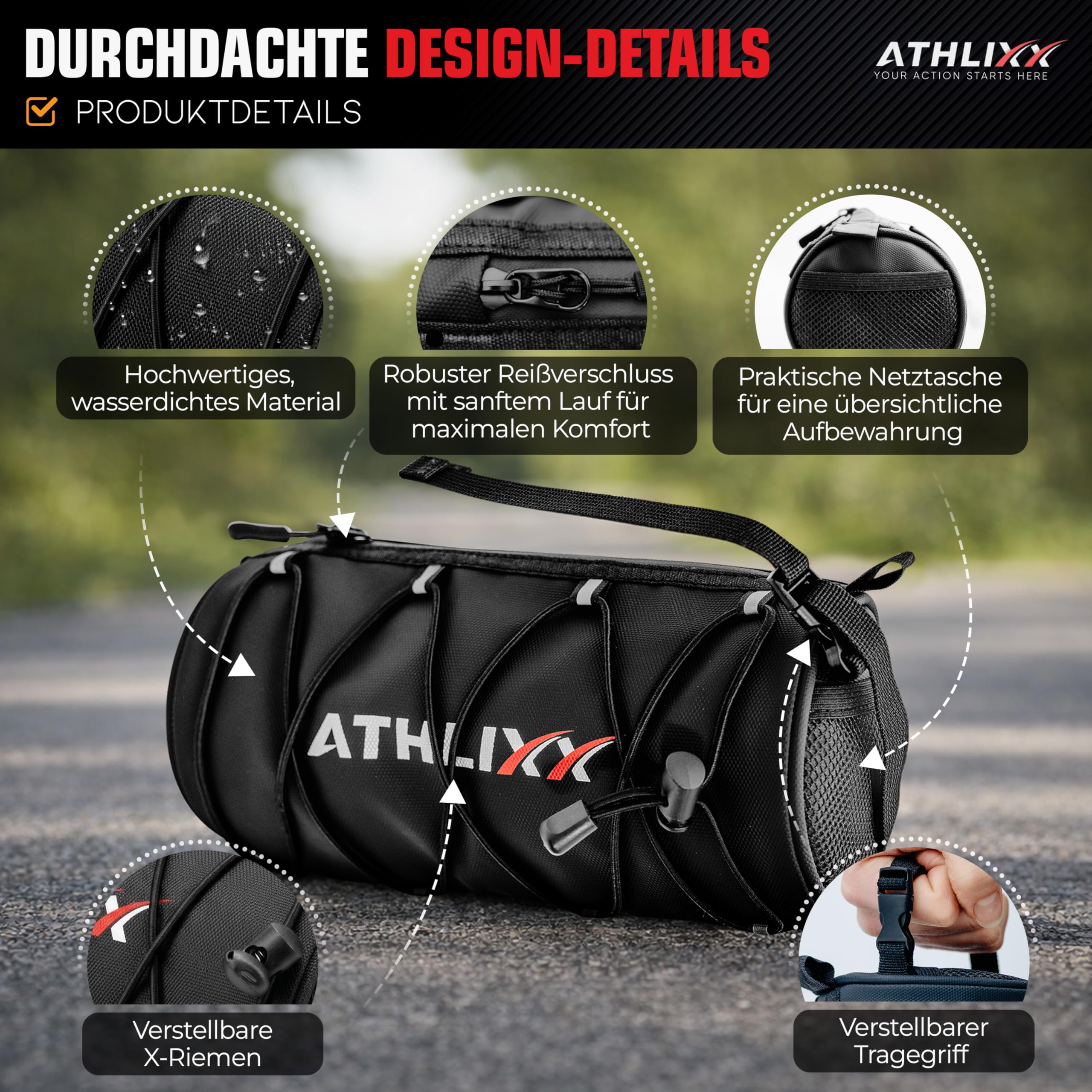 Fahrradtasche 2,4L – wasserdichte Lenkertasche/Rahmentasche – 240×100 mm – 3 Straps, Handstrap & Schultergurt – für Rennrad, MTB, Gravel, E-Bike – Schwarz