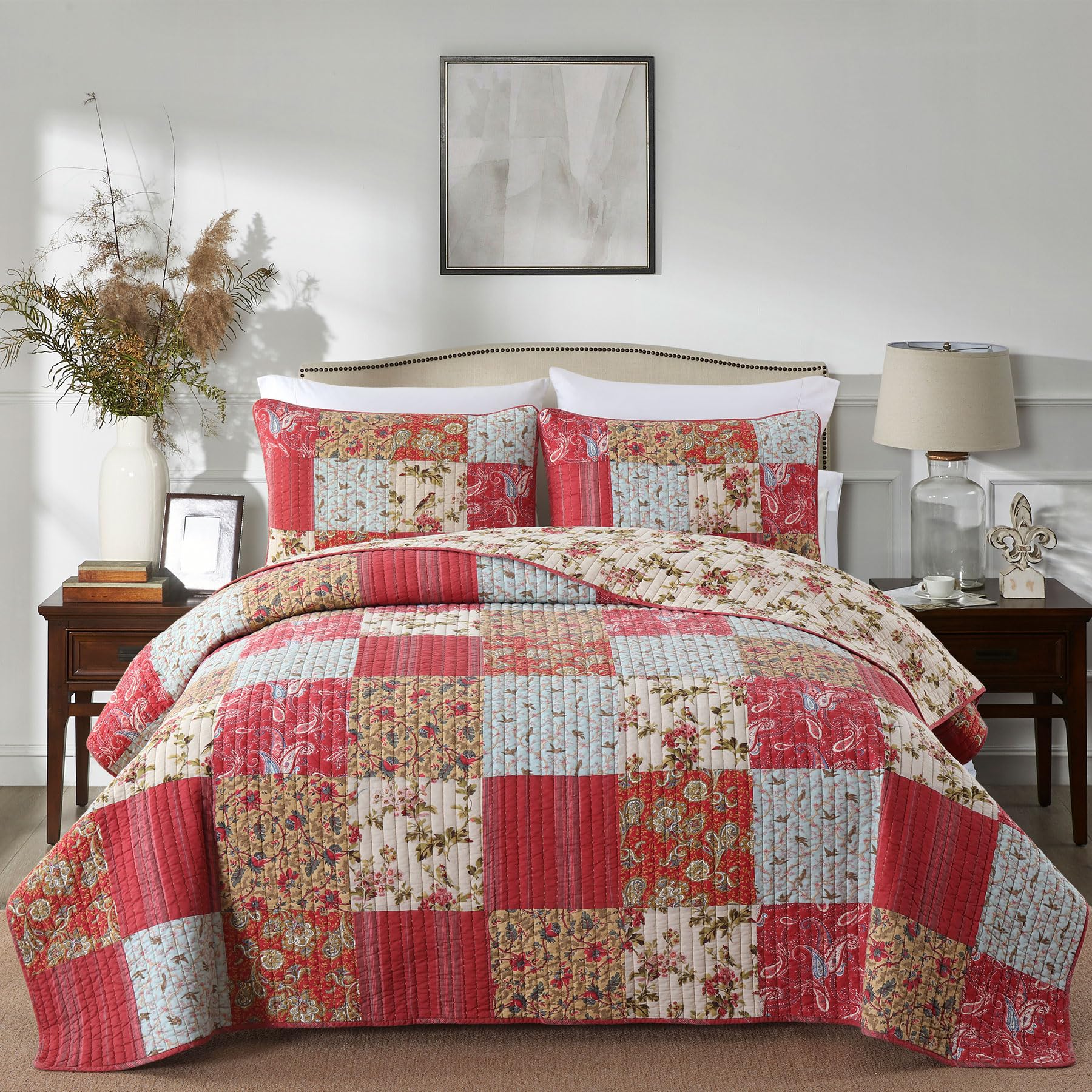 Secgo King Size Comforter Set- 100% Cotton Quilt King Size Set, Green, Sage bedspreads (96 * 108 Inch) with 2 Pillow Shams, Patchwork Reversible Lightweight Bedding