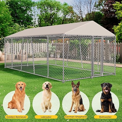 Miniatura 5 de Lyromix Perrera grande de 10 x 20 pies para perros con techo, perrera exterior con cubierta impermeable, galvanizada y resistente, jaula para perros