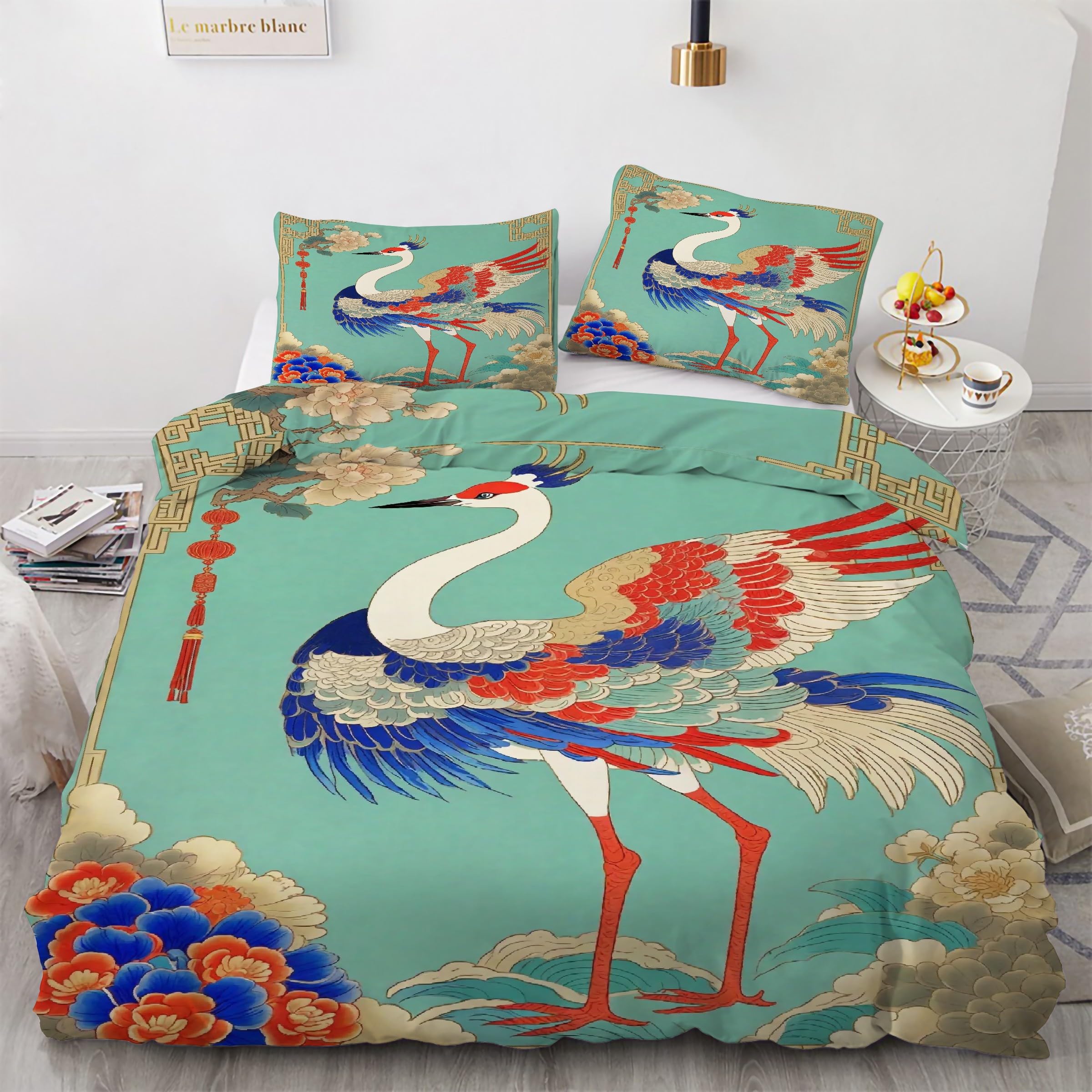 Housse de couette 240x260 grue de style chinois avec ses deux taies d'oreiller
