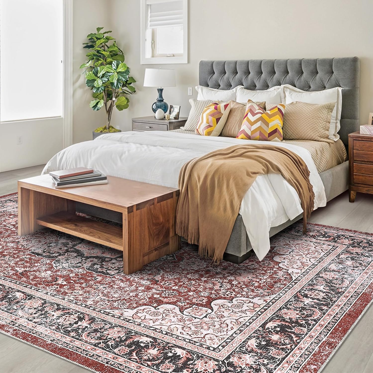 5x7 Area Rugs for Living Room Washable Rug Vintage Rug for Bedroom Floral Throw Rugs Stain Resistant Throw Carpet Low Pile Floor Cover for Office Dining Room Nursery，Red