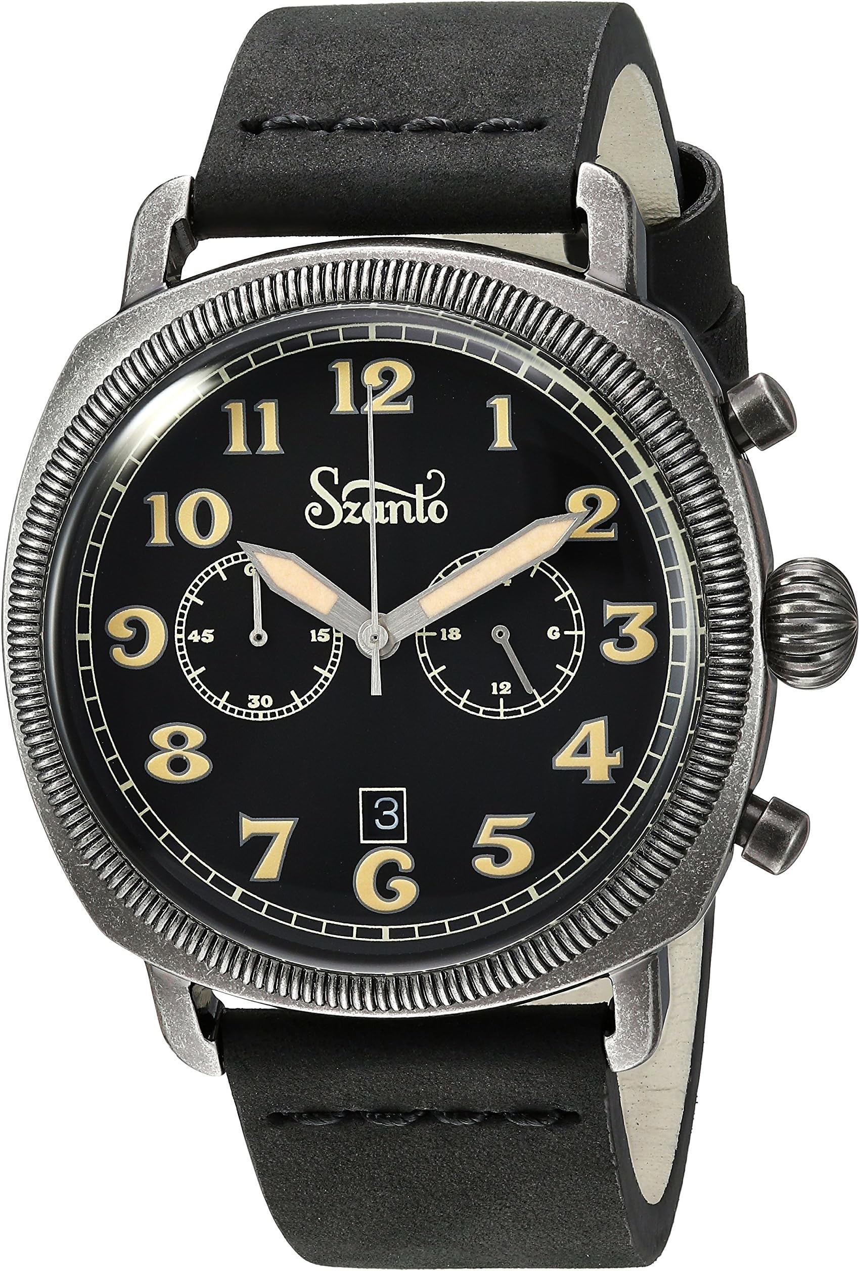 Szanto Men's 'Coin Cushion' Quartz Stainless Steel and Leather Casual Watch, Color:Black (Model: SZ7012)