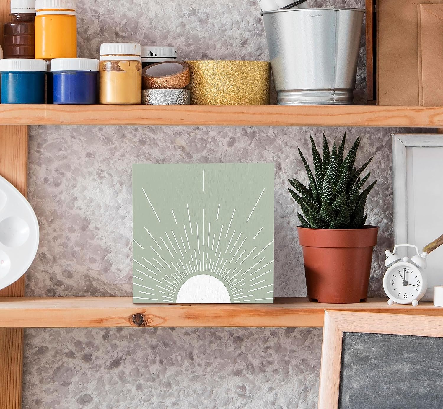 SRADMO Boho Sun Sunrise Sunshine Sage Green Wood Box Sign Desk Decor,Boho Mid Century Modern Wooden Block Box Sign Decoration For Home Kids Room Nursery Playroom Classroom Wall Shelf Table Decor image 3