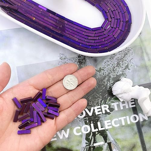Miniatura 2 de COIRIS 60 piezas de cuentas sueltas de hematita bañadas en morado tubo rectangular de 4.882in, cuentas de 2 hilos de cristal de energía de energía
