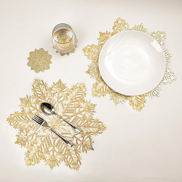 Christmas Snowflake Placemats Gold Sets of 6 Laminated Metallic Vinyl Round 15 inch Festival Table Decorations for Holiday Party Feast Come with Matching Coaster by Snowkingdom (Gold, 12 pcs)