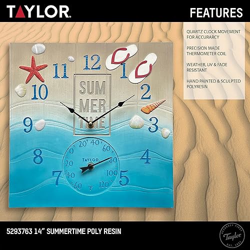 Miniatura 10 de Taylor Precision Products, Beach This Way - Reloj y termómetro de poliresina para interiores y exteriores, 14 pulgadas, multicolor