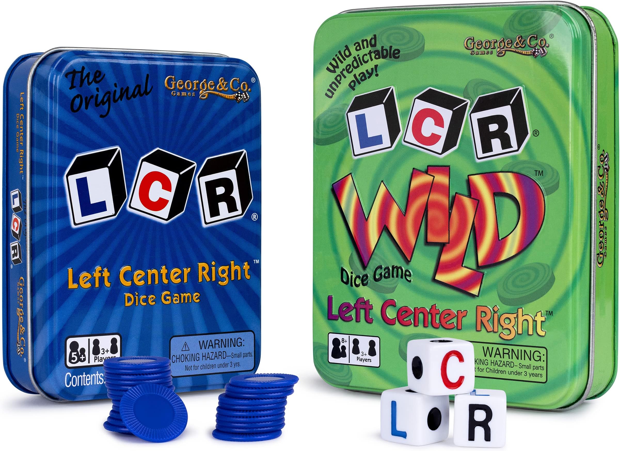 LCR (Left Right Center) in Blue & Dice Game in Green Tin Gift Set Bundle - 2 Pack