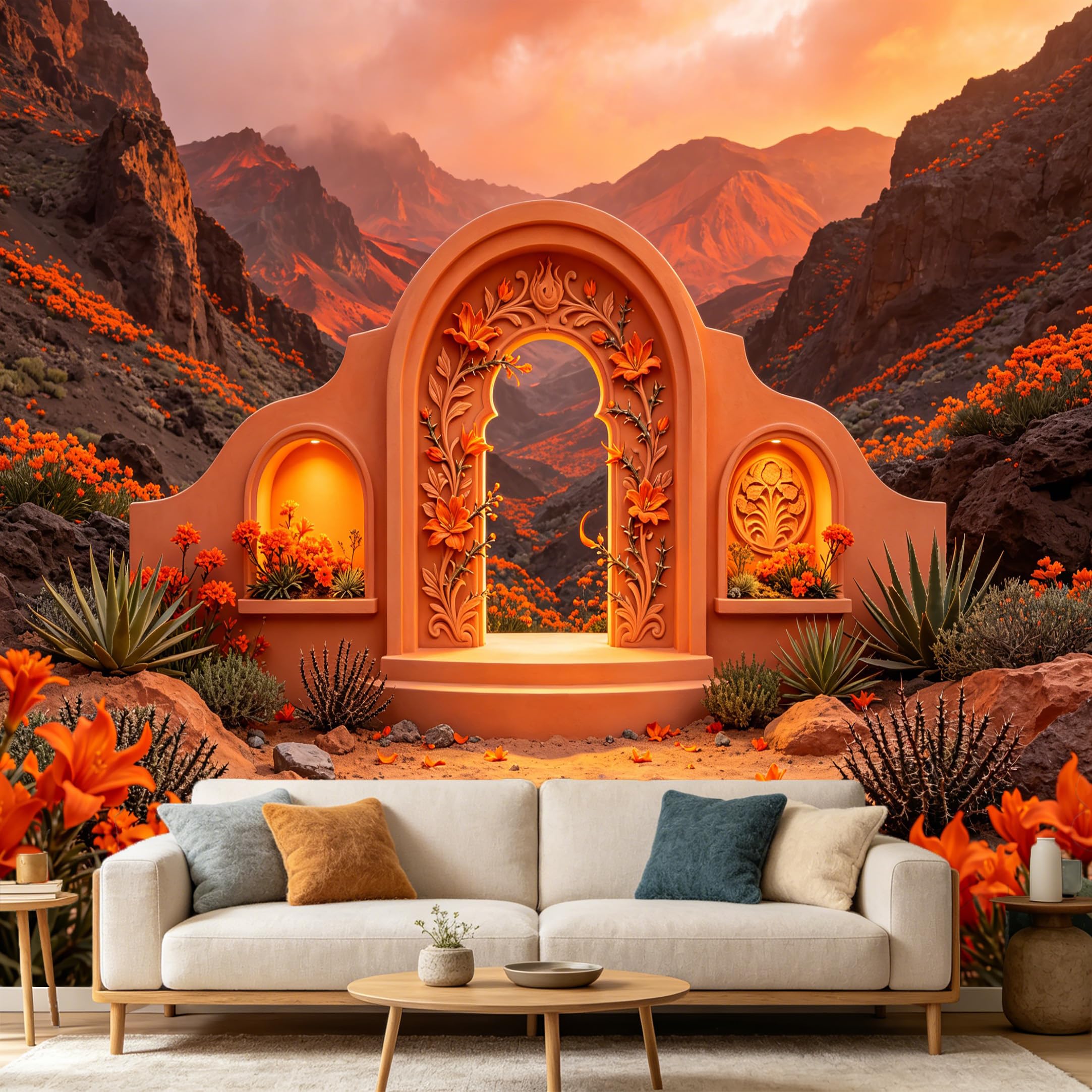 Custom Size Wall Mural， Sunset Desert Mountain Archway， 3D Trompe L'Oeil Floral Canyon， SelfAdhesive Art Prints wall Fabric Removable Large Wallpaper Home Living Room Decor