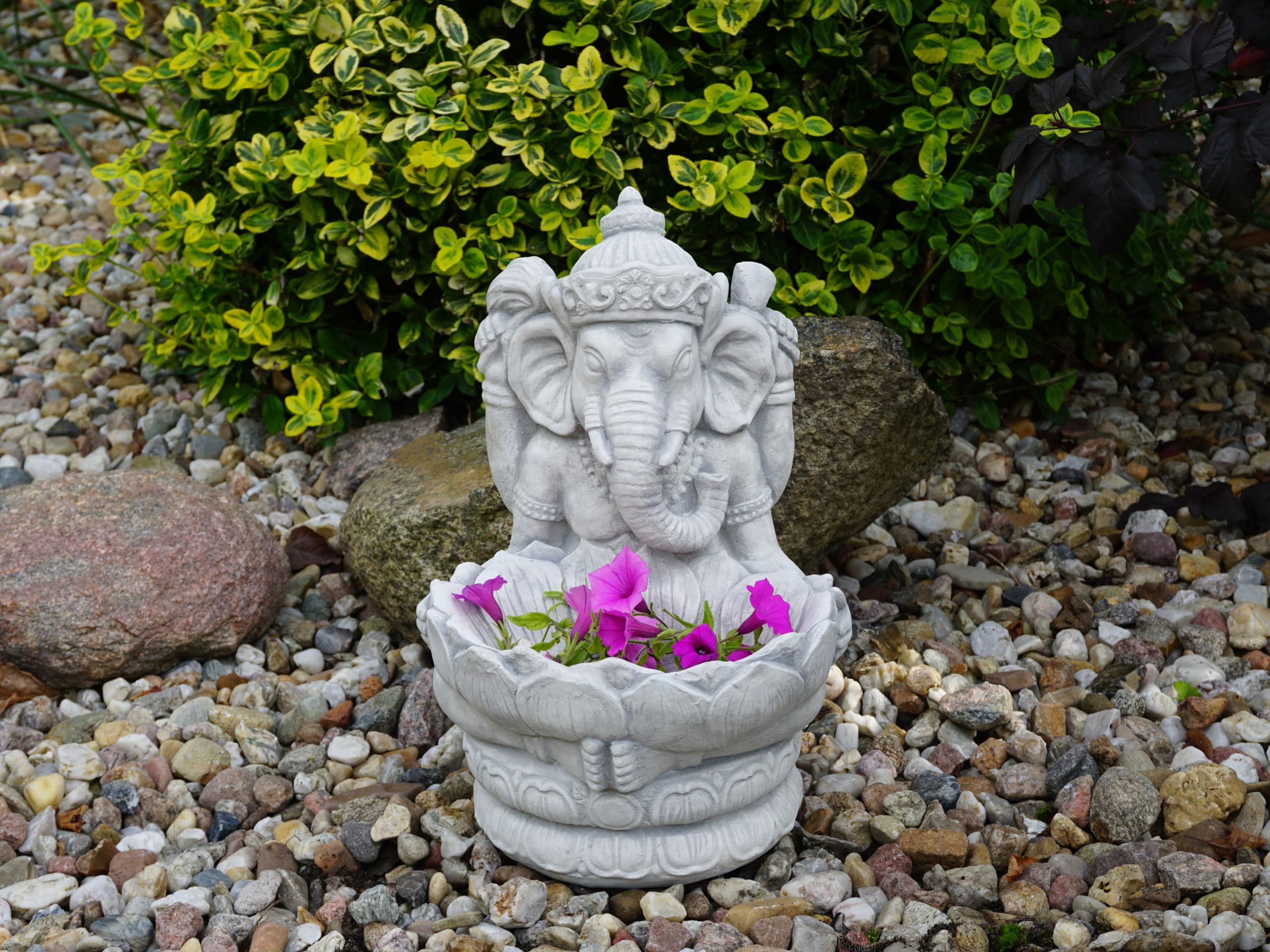 gartendekoparadies.de Figurine du Ganesha divin avec bol (gris) - Figurine en pierre - Hauteur 34 cm - 11 kg - Gris - Résistant au gel - Pour l'extérieur