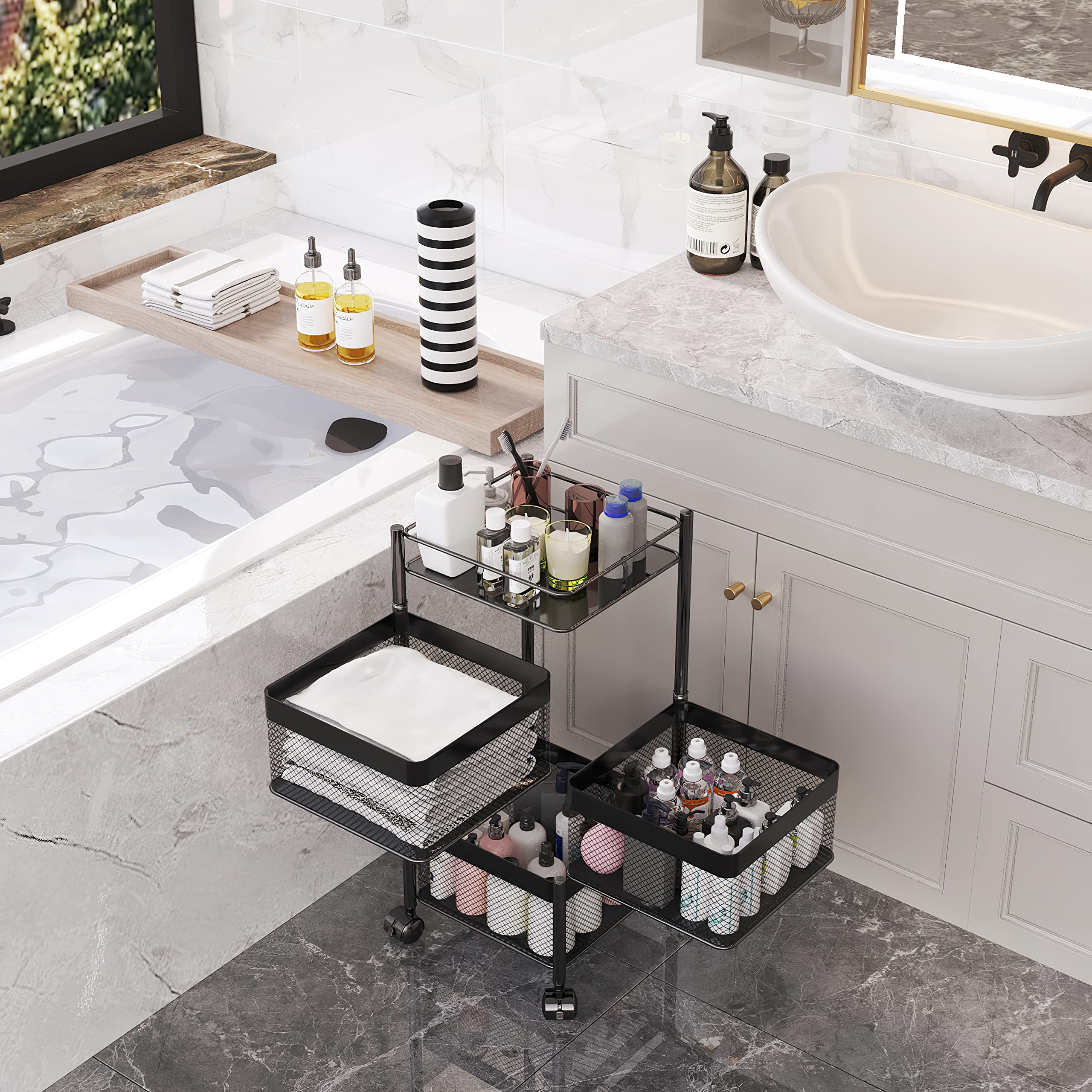 Rotating Multi-Layer Kitchen Storage Shelf,Xinyourui Fruit Vegetable Basket，Floor-Standing Rolling Vertical Shelving，Multifunctional Household Shelf for Bedroom,Bathroom(Black, 3 Tier-Square)