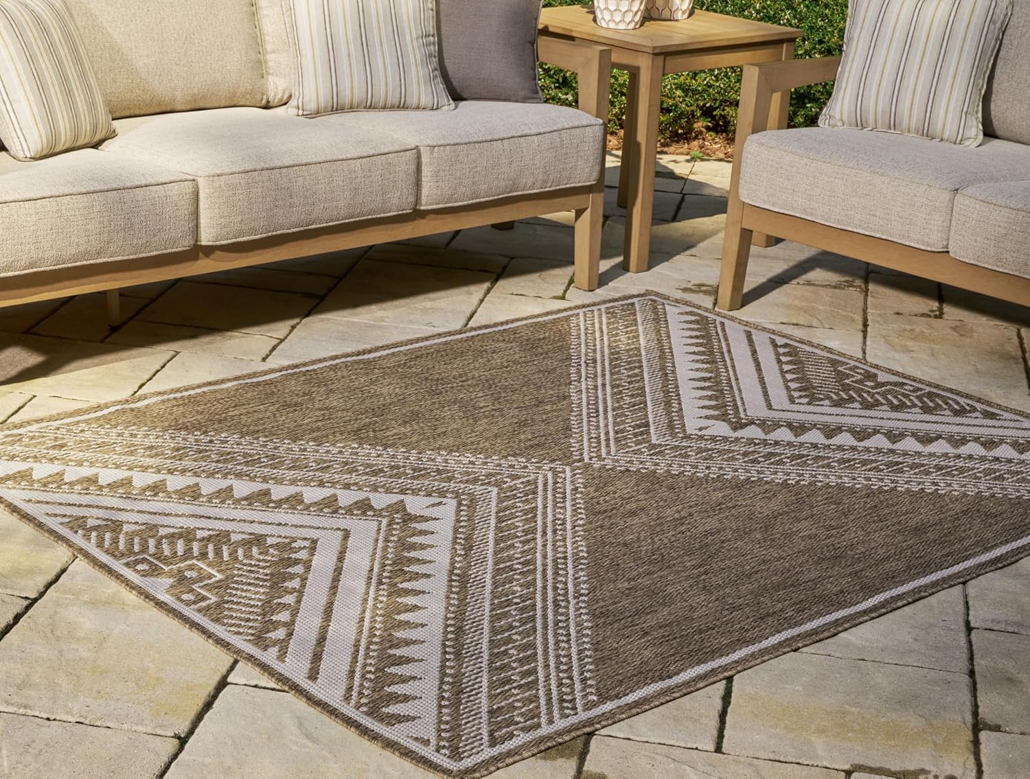 Signature Design by Ashley Dunsler Classic Indoor/Outdoor Geometric 8 x 10 Rug with Non Slip Backing, Dark Brown & White