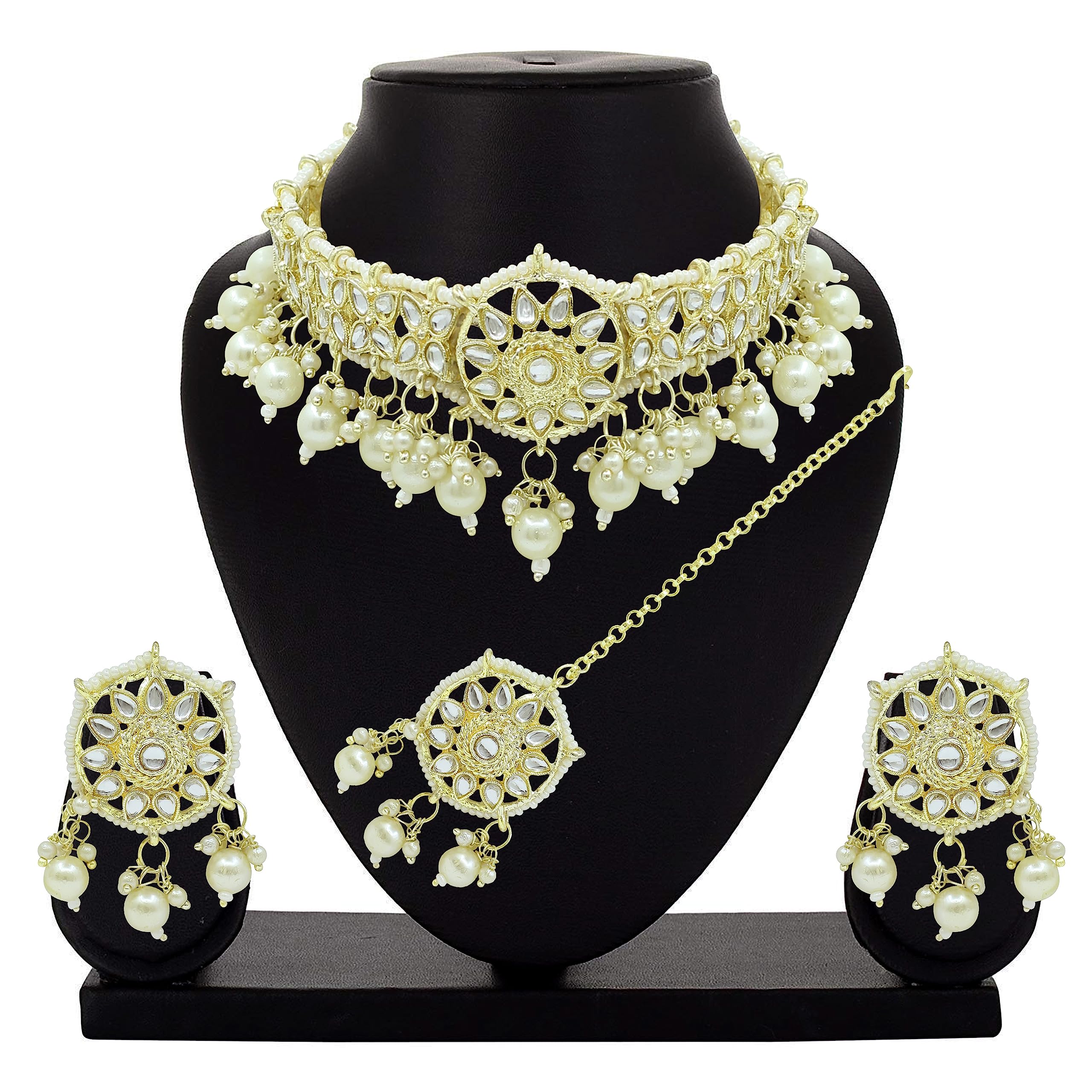 Klassisches Glamour Kundan Patti Choker-Set mit Perlen für Damen und Mädchen, goldfarben