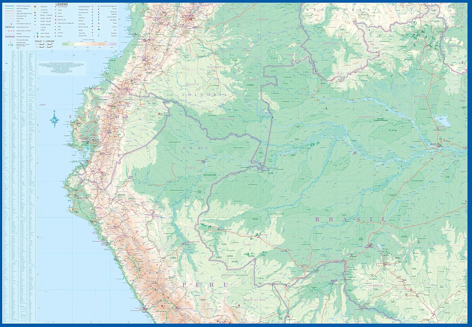 Amazon & Brazil North Travel Reference Map 1:3M Waterproof