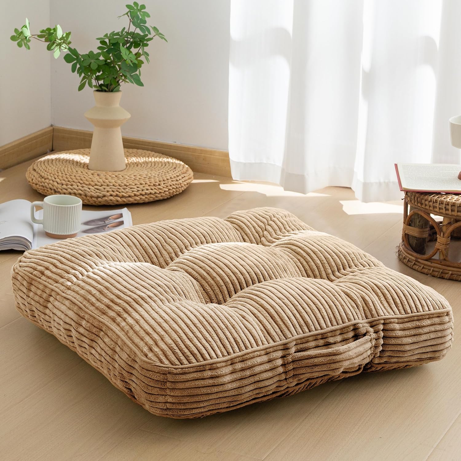 HIGOGOGO Washable Floor Pillow Cushion for Adults, Meditation Cushion Pillow, Large Square Floor Sitting, Removable Tufted Corduroy Cover, for Tatami Living Room or Yoga, 22x22 Inch, Machine Washable Coffee 4" Thick(Pack of 1)