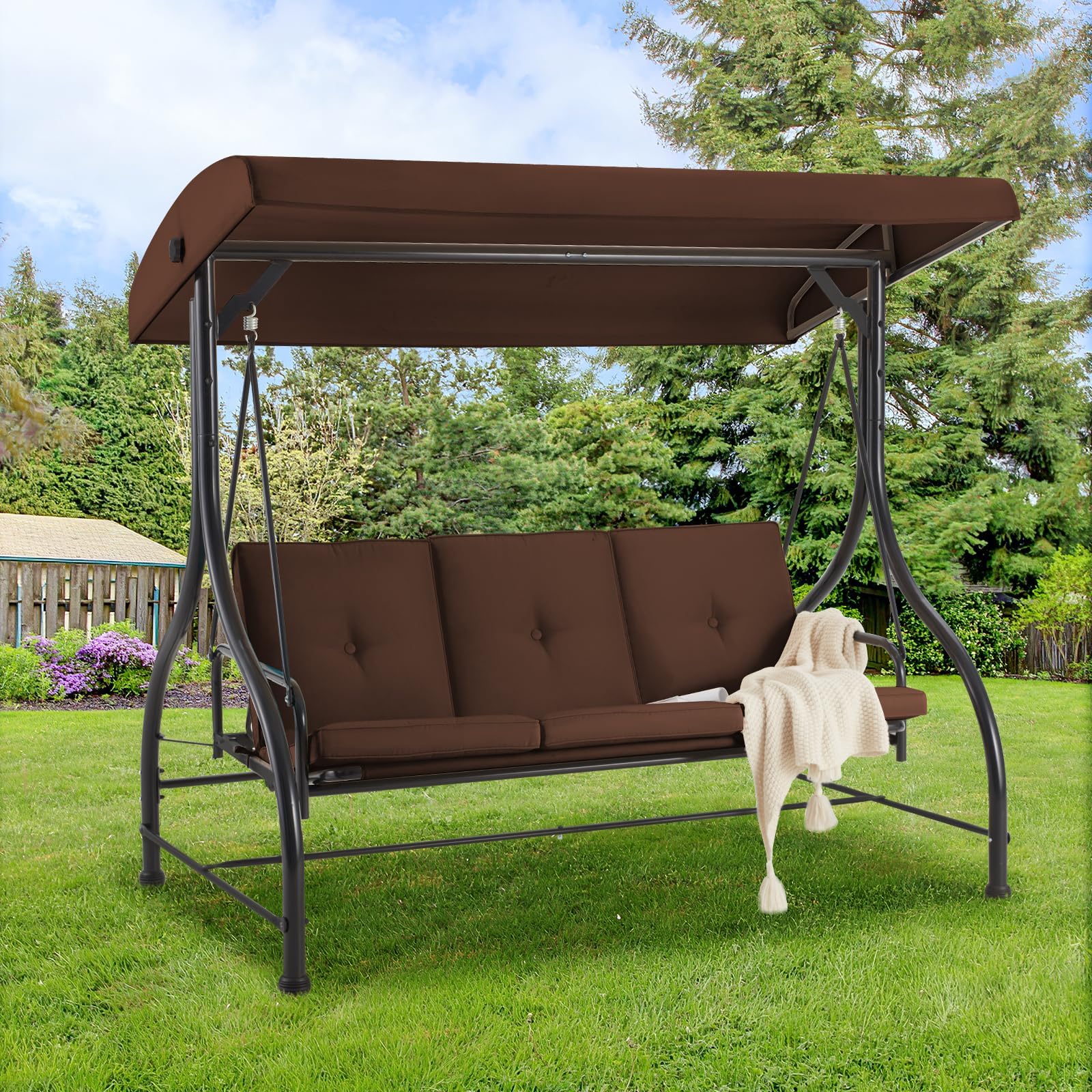 AECOJOY Porch Swing Chair, 3 Seats Porch Swing Adjustable Backrest & Canopy Outdoor Swing with Stand Patio Swing Bed with Removable Brown Cushions