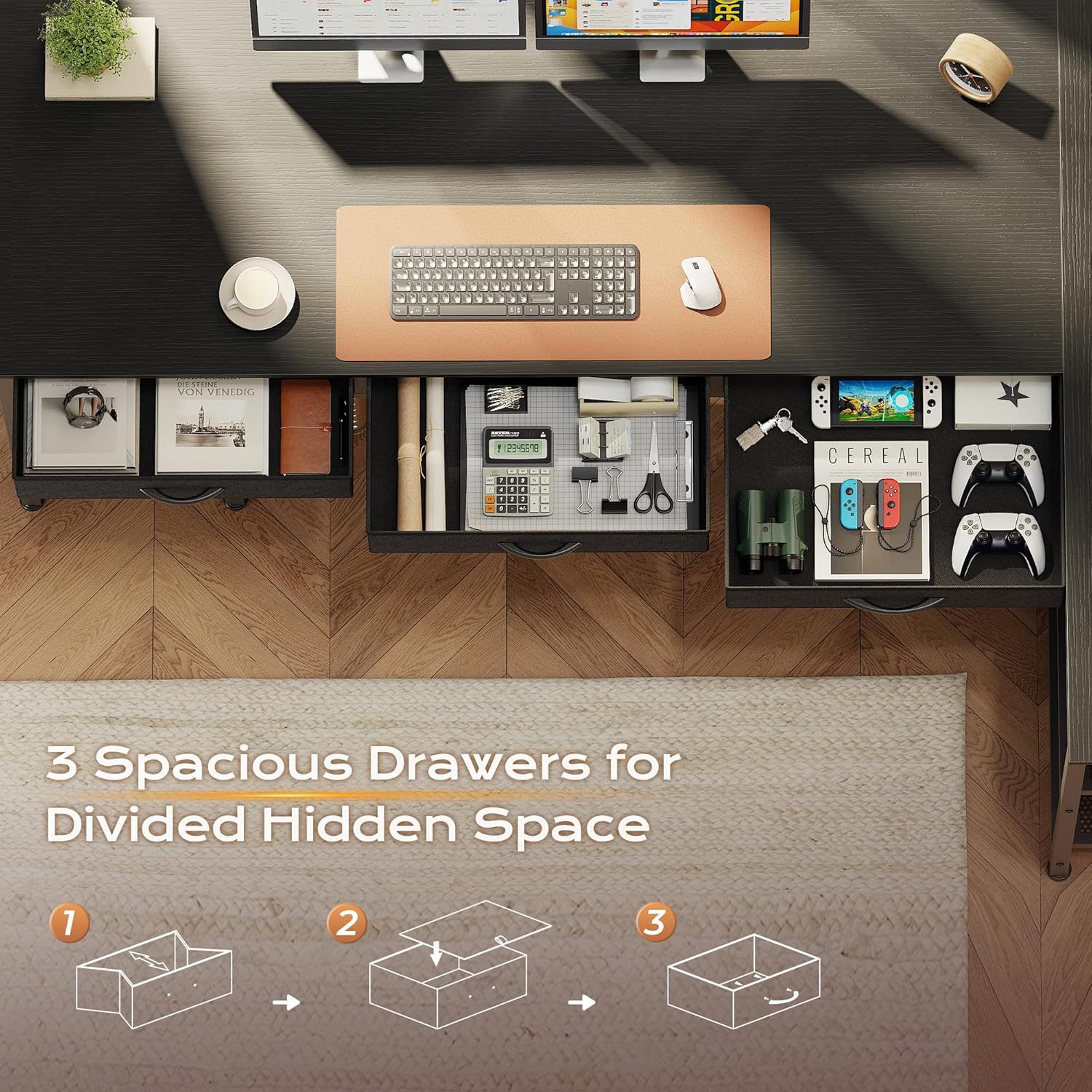 Comparison image illustrating the deeper 19.7-inch desktop of the PRAISUN desk compared to a shallower desk.