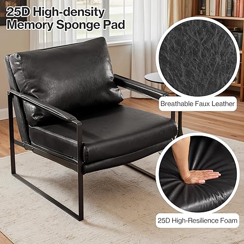 Miniatura 5 de Art Leon Silla decorativa moderna de mediados de siglo, sillón de piel sintética con patas de metal negro, silla auxiliar individual para sala de