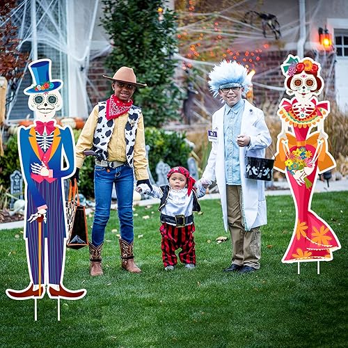 Miniatura 6 de Namalu Paquete de 2 carteles de Día de los Muertos para patio al aire libre, decoraciones de césped con calavera de azúcar con estacas para fiesta